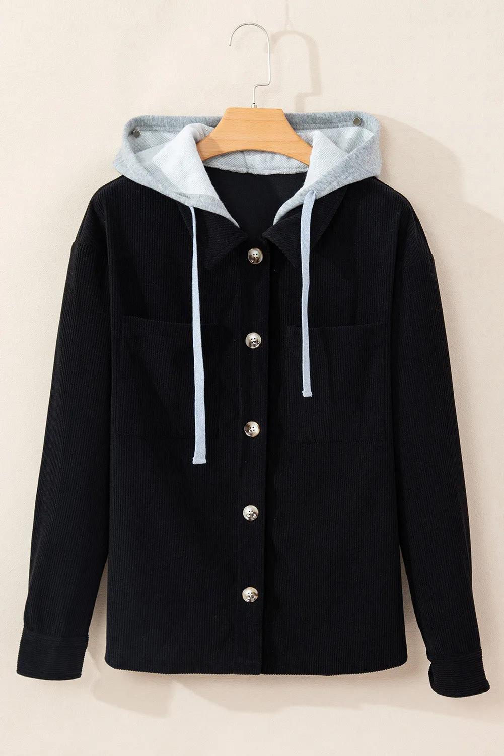 Black Hooded Drawstring Pockets Corduroy Shacket