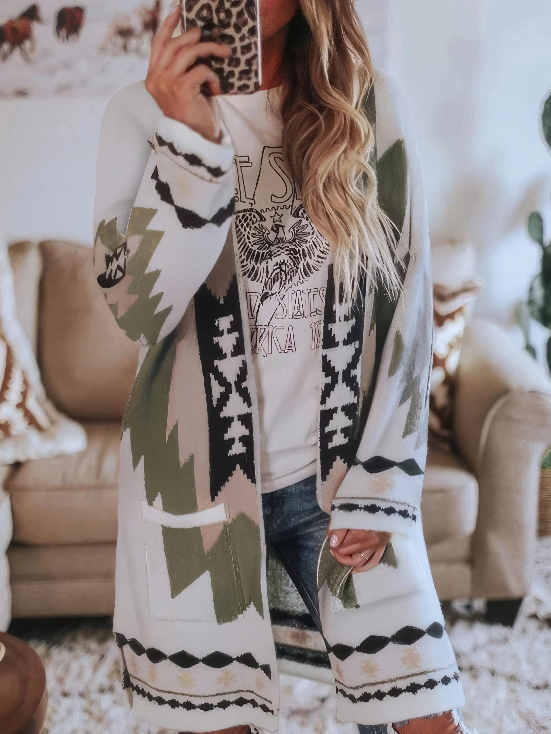 Bohemian Southwestern Print Long Cardigan