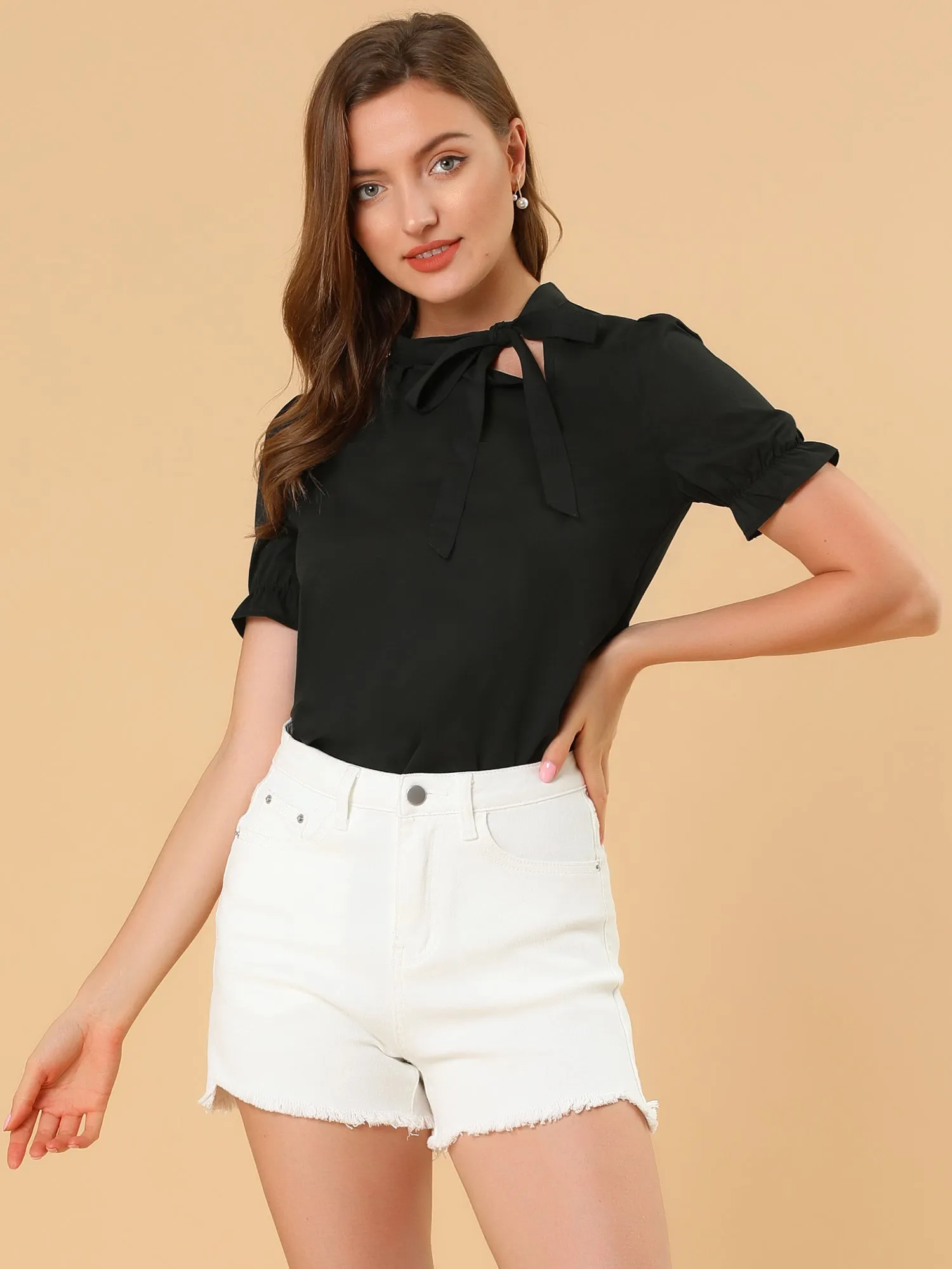 Bow Tie Neck Tops Elegant Office Short Sleeve Blouse