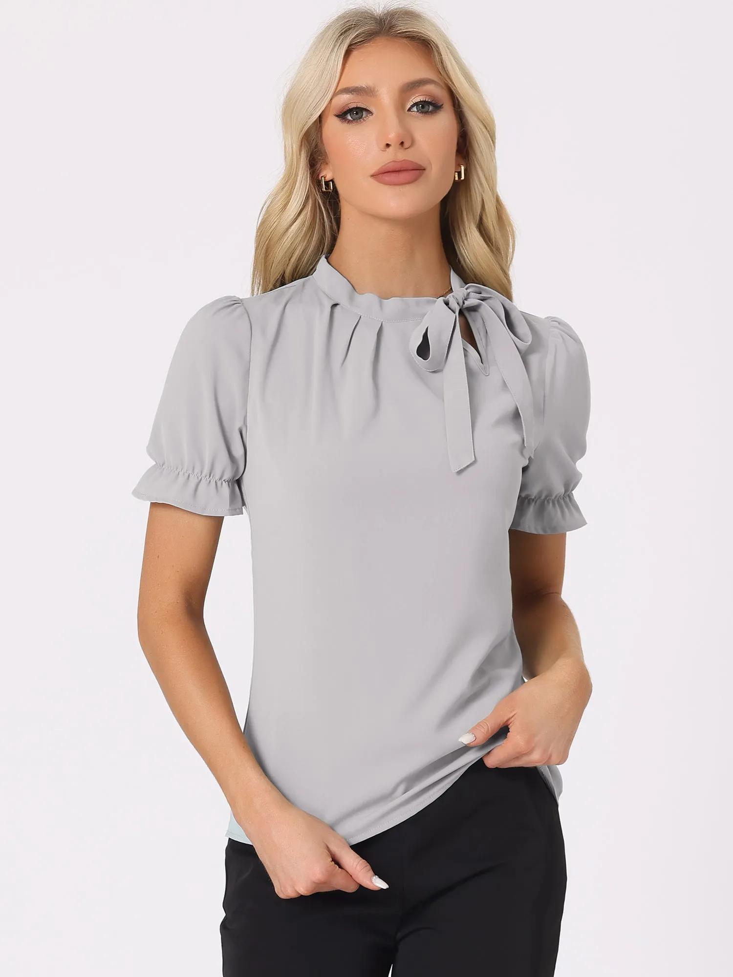 Bow Tie Neck Tops Elegant Office Short Sleeve Blouse