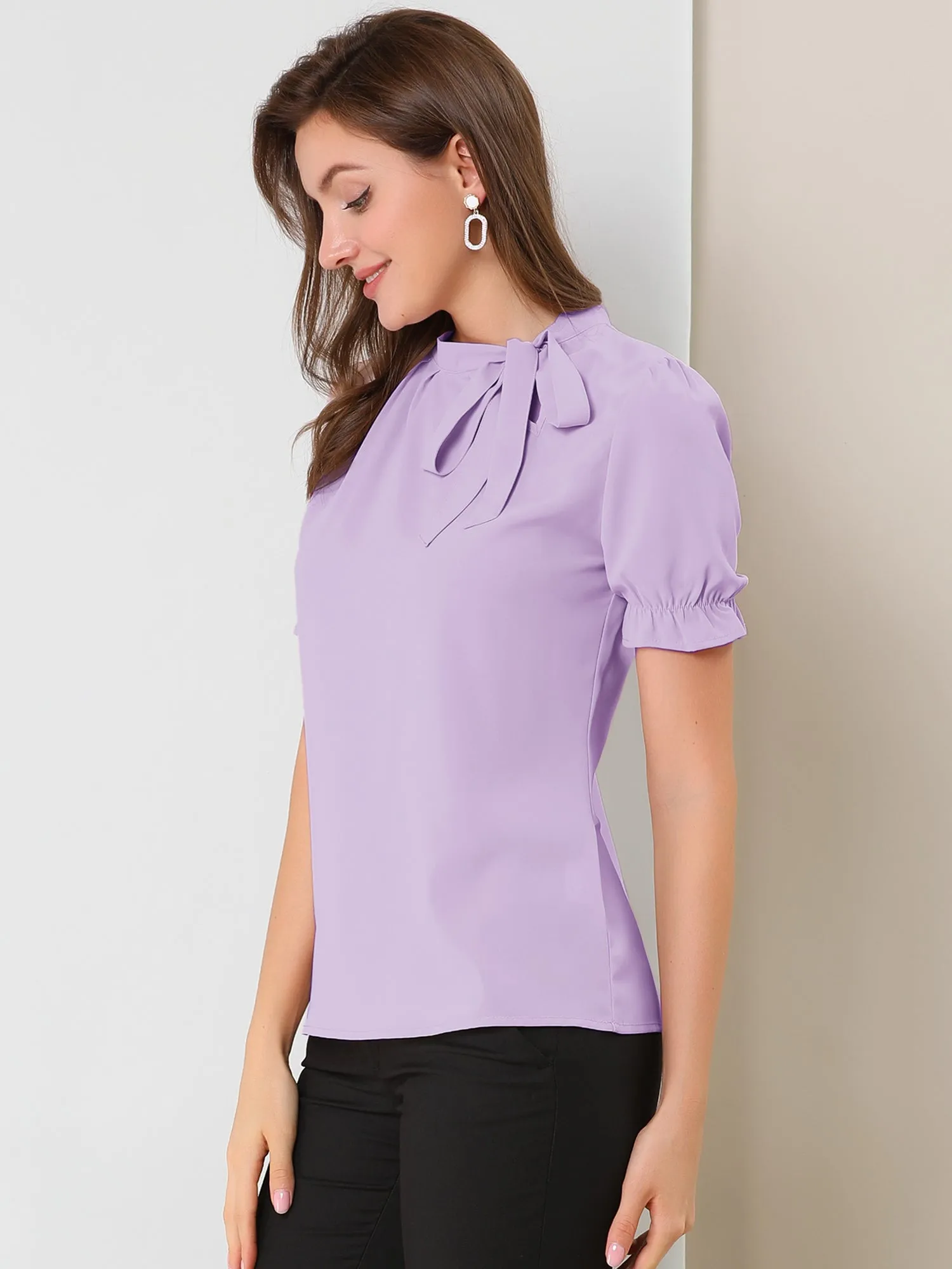 Bow Tie Neck Tops Elegant Office Short Sleeve Blouse