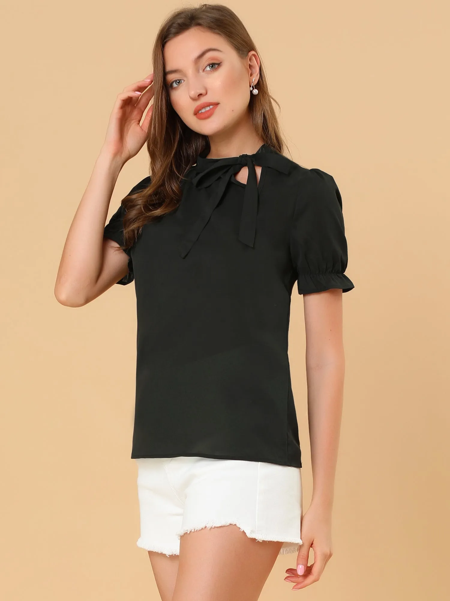 Bow Tie Neck Tops Elegant Office Short Sleeve Blouse