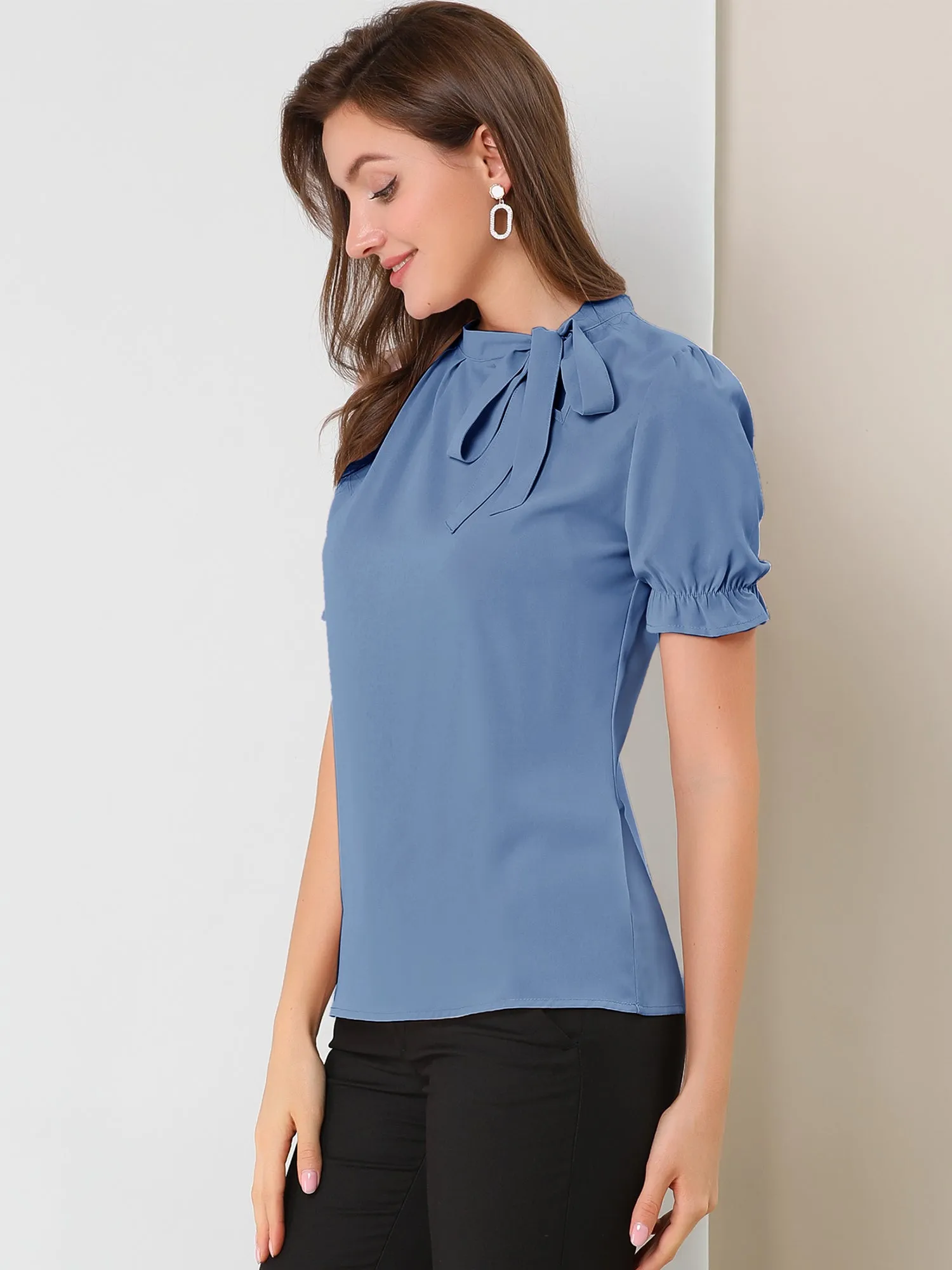 Bow Tie Neck Tops Elegant Office Short Sleeve Blouse