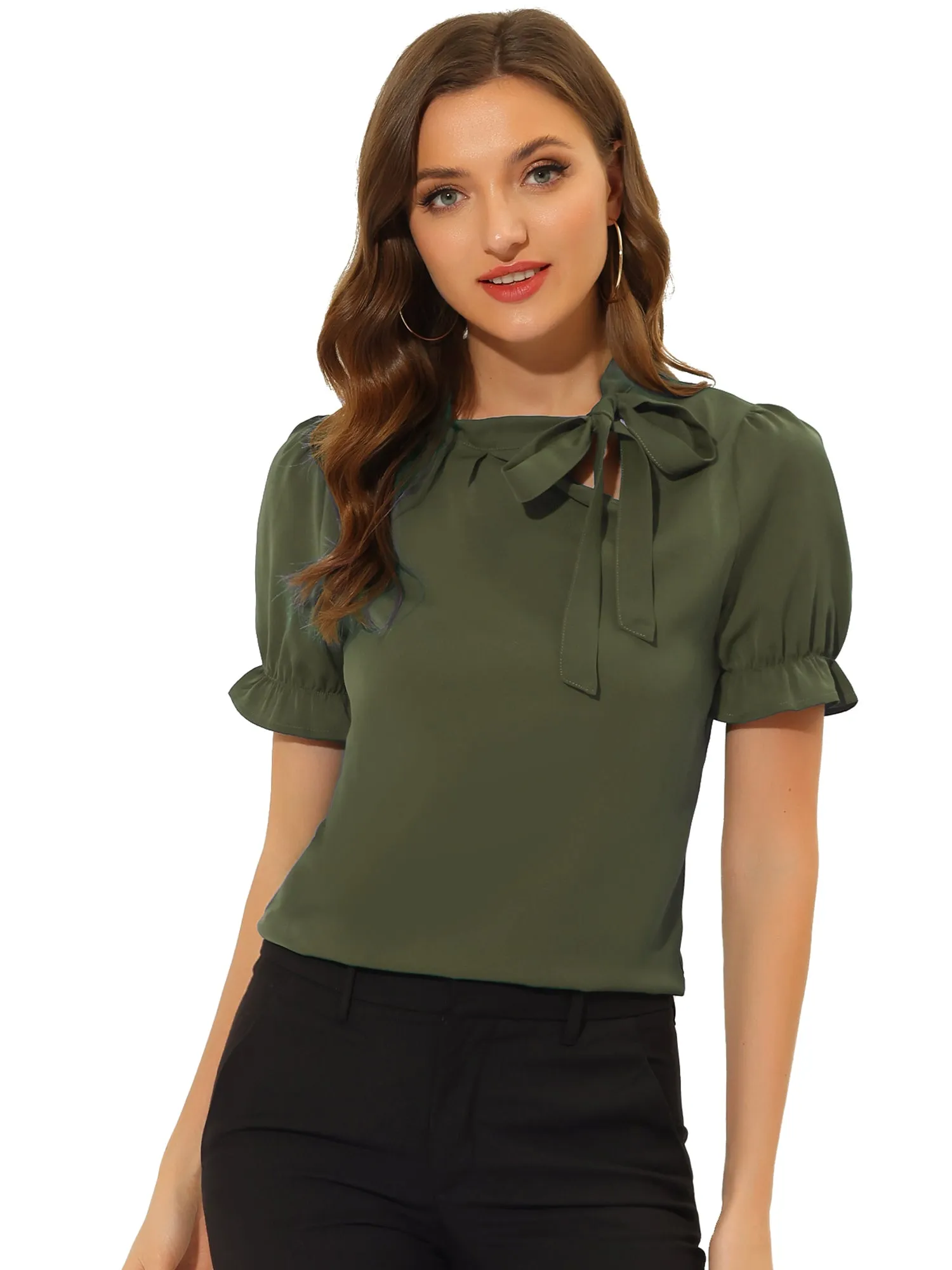 Bow Tie Neck Tops Elegant Office Short Sleeve Blouse