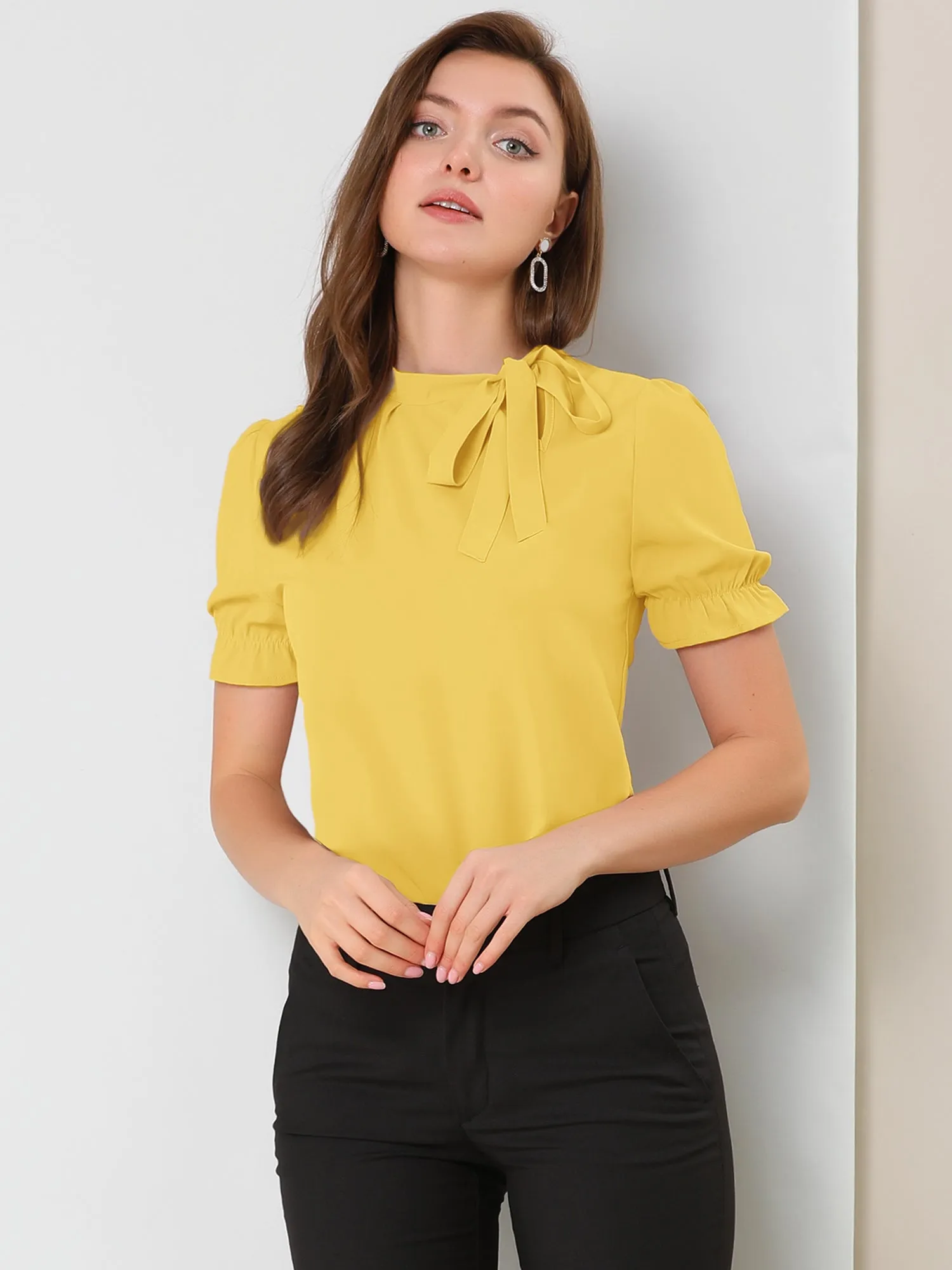 Bow Tie Neck Tops Elegant Office Short Sleeve Blouse