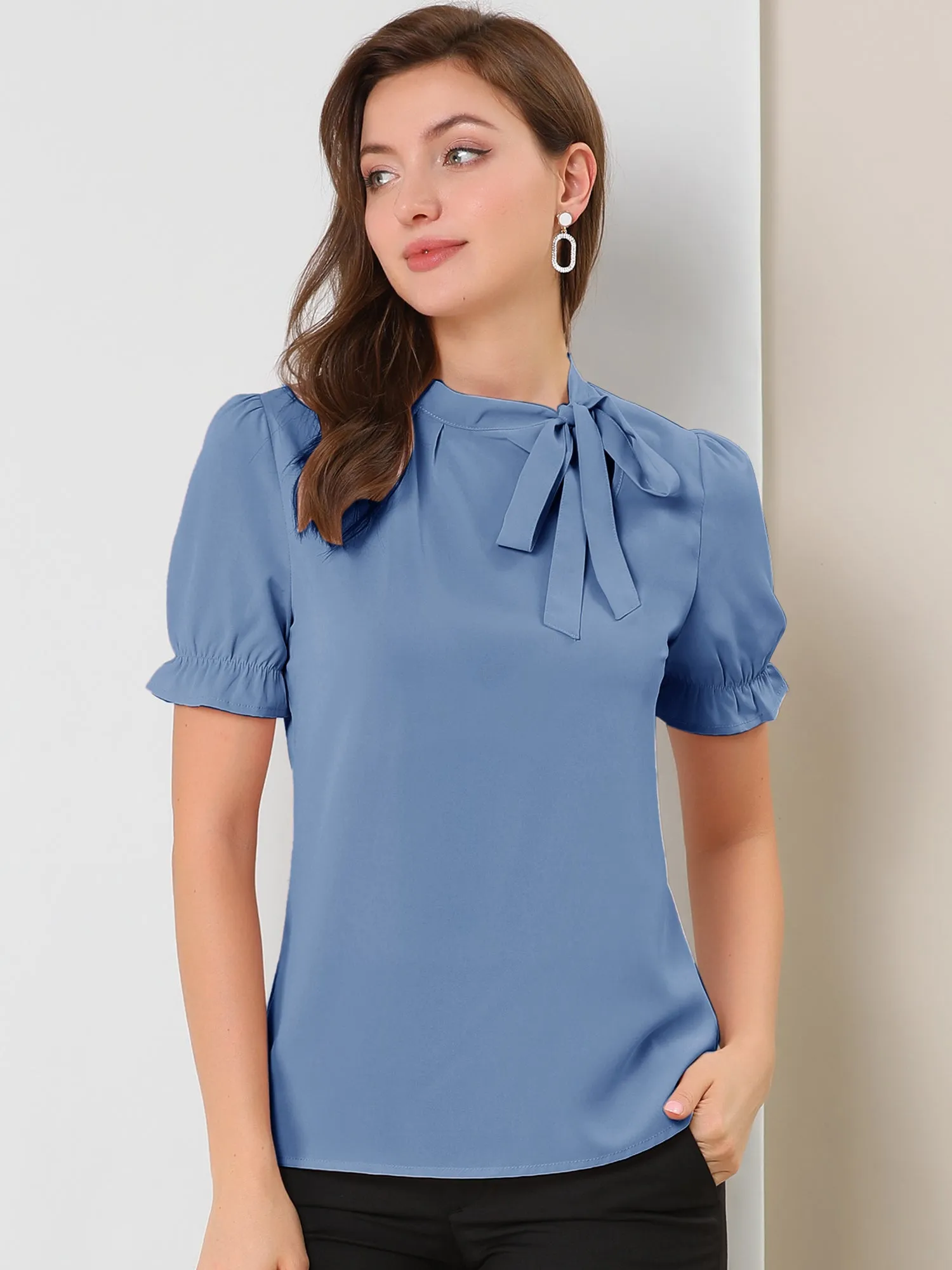 Bow Tie Neck Tops Elegant Office Short Sleeve Blouse