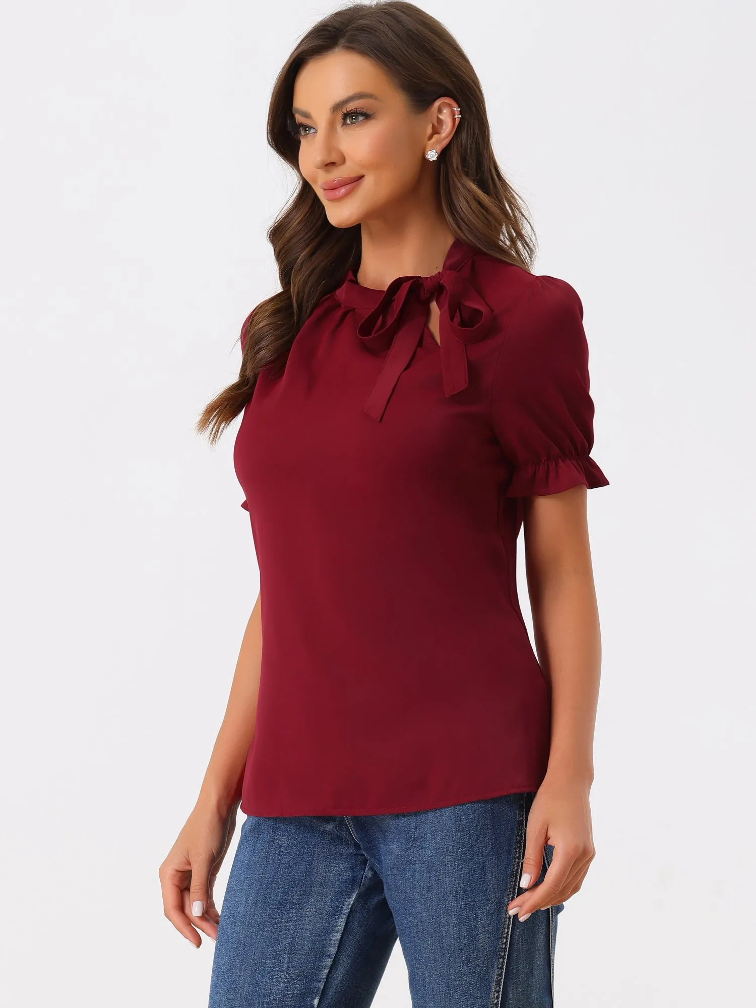 Bow Tie Neck Tops Elegant Office Short Sleeve Blouse