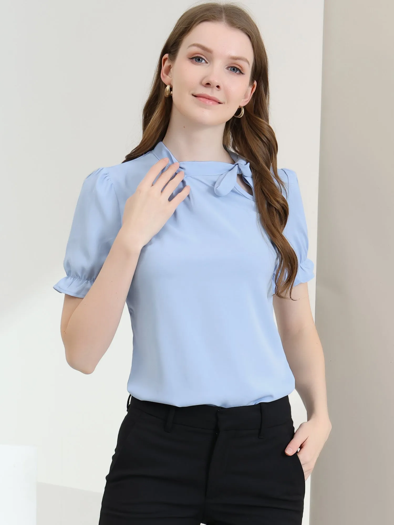 Bow Tie Neck Tops Elegant Office Short Sleeve Blouse