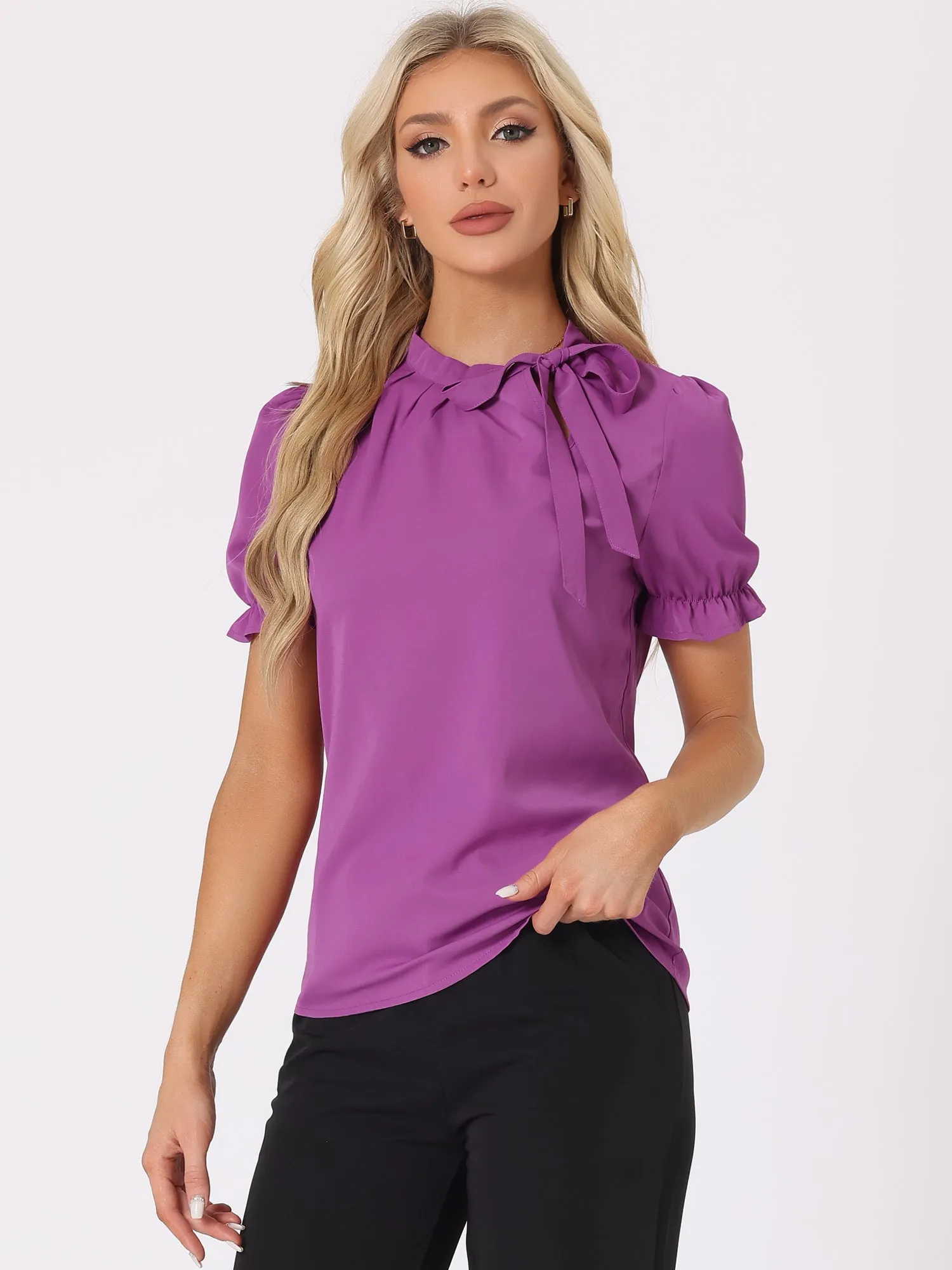 Bow Tie Neck Tops Elegant Office Short Sleeve Blouse