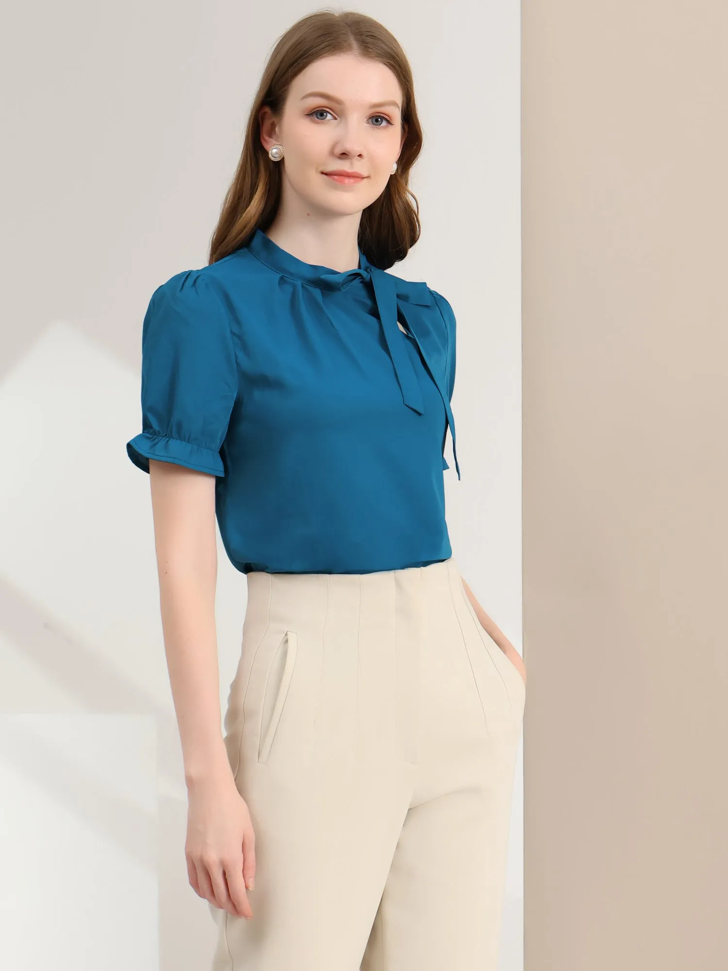 Bow Tie Neck Tops Elegant Office Short Sleeve Blouse