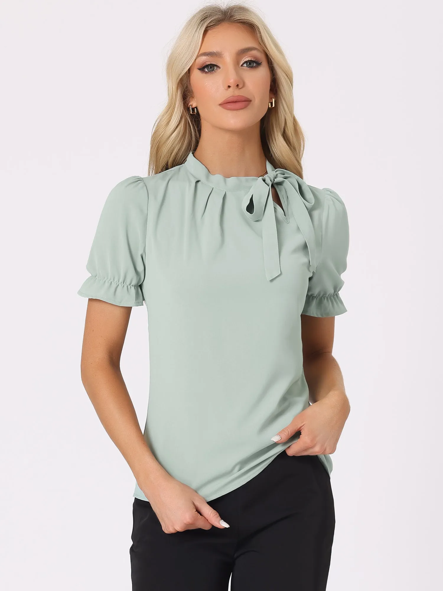 Bow Tie Neck Tops Elegant Office Short Sleeve Blouse