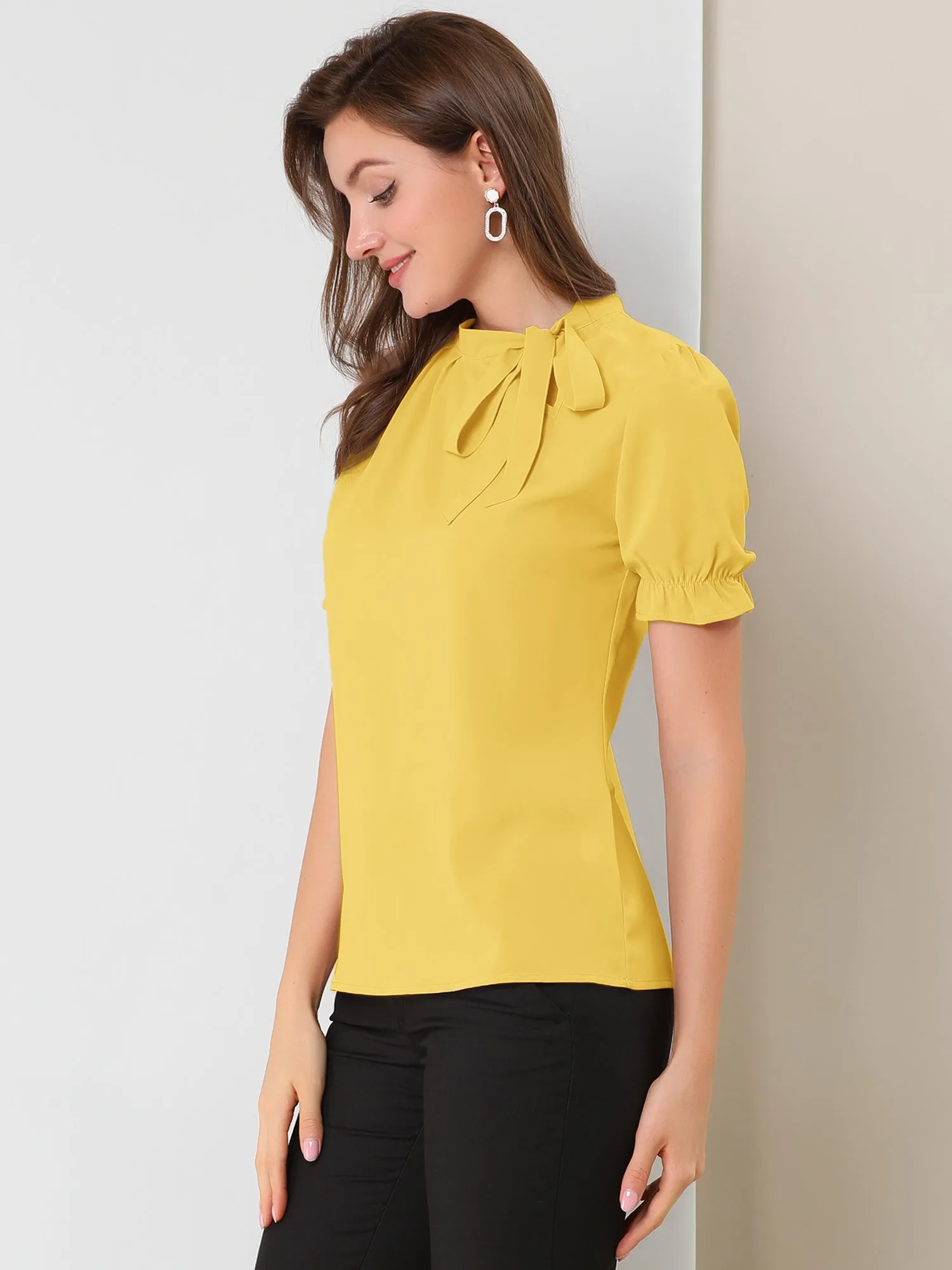 Bow Tie Neck Tops Elegant Office Short Sleeve Blouse