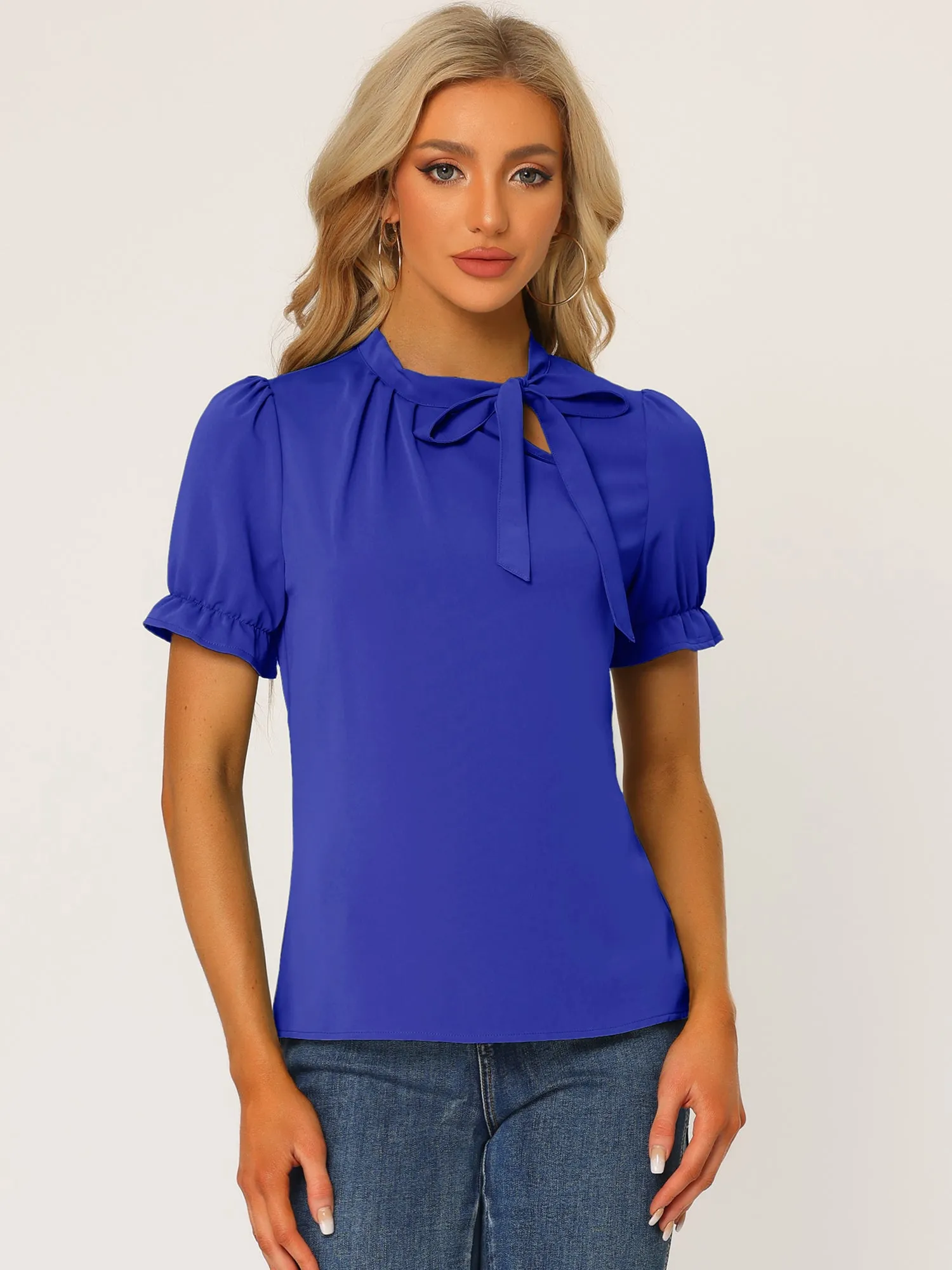 Bow Tie Neck Tops Elegant Office Short Sleeve Blouse