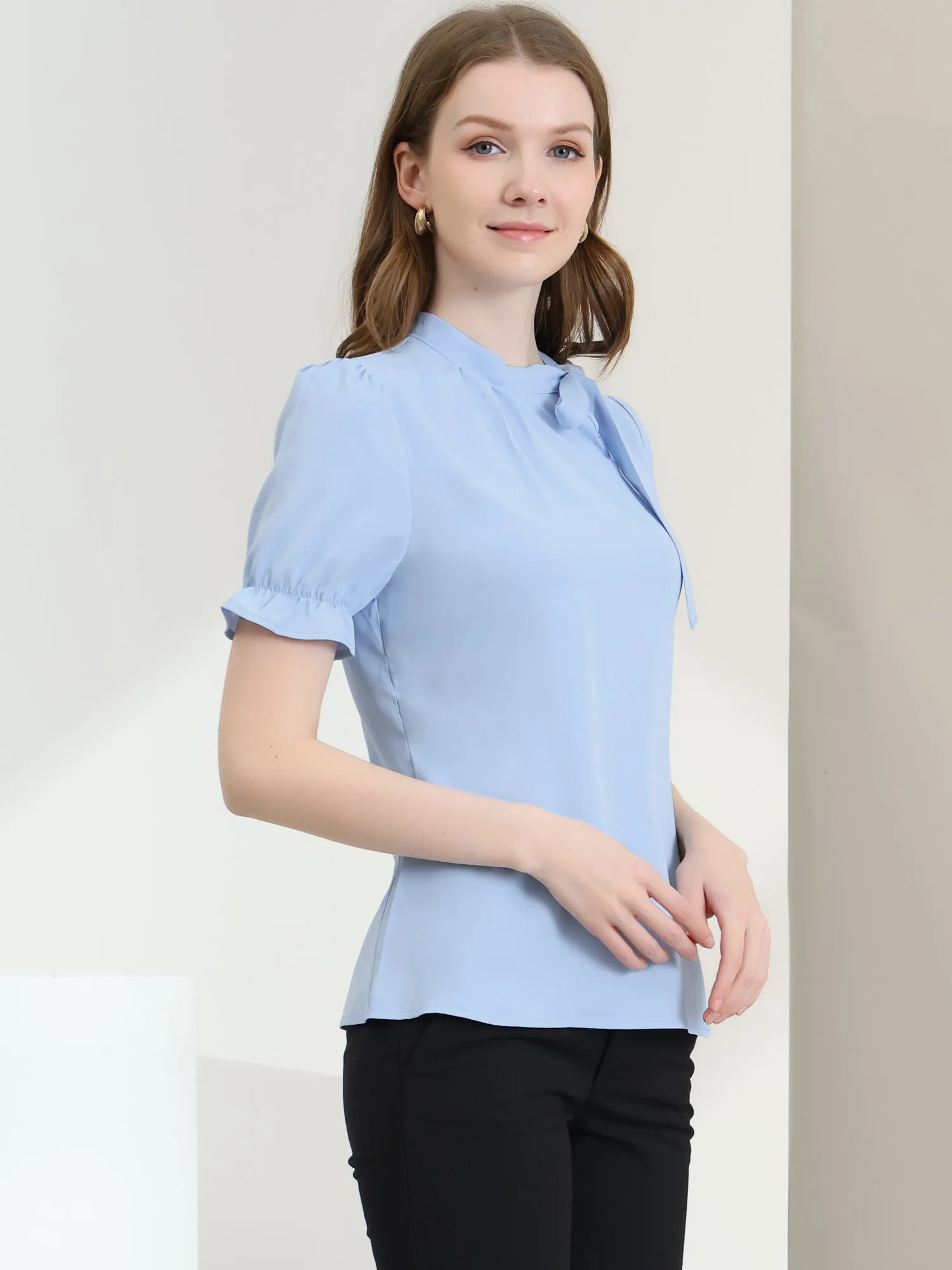 Bow Tie Neck Tops Elegant Office Short Sleeve Blouse