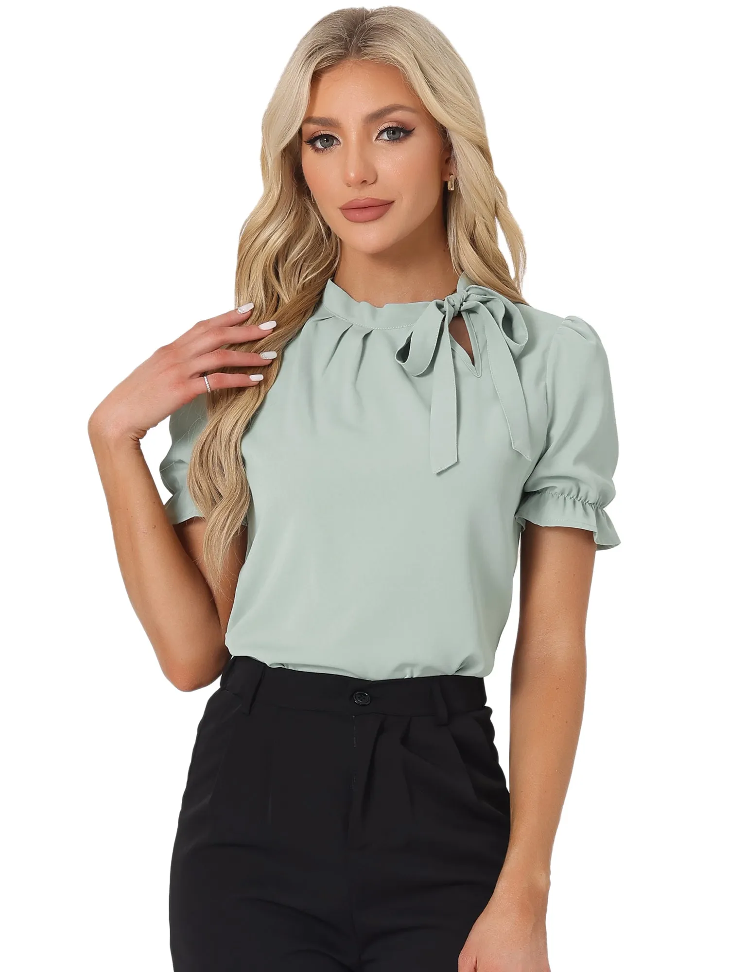 Bow Tie Neck Tops Elegant Office Short Sleeve Blouse