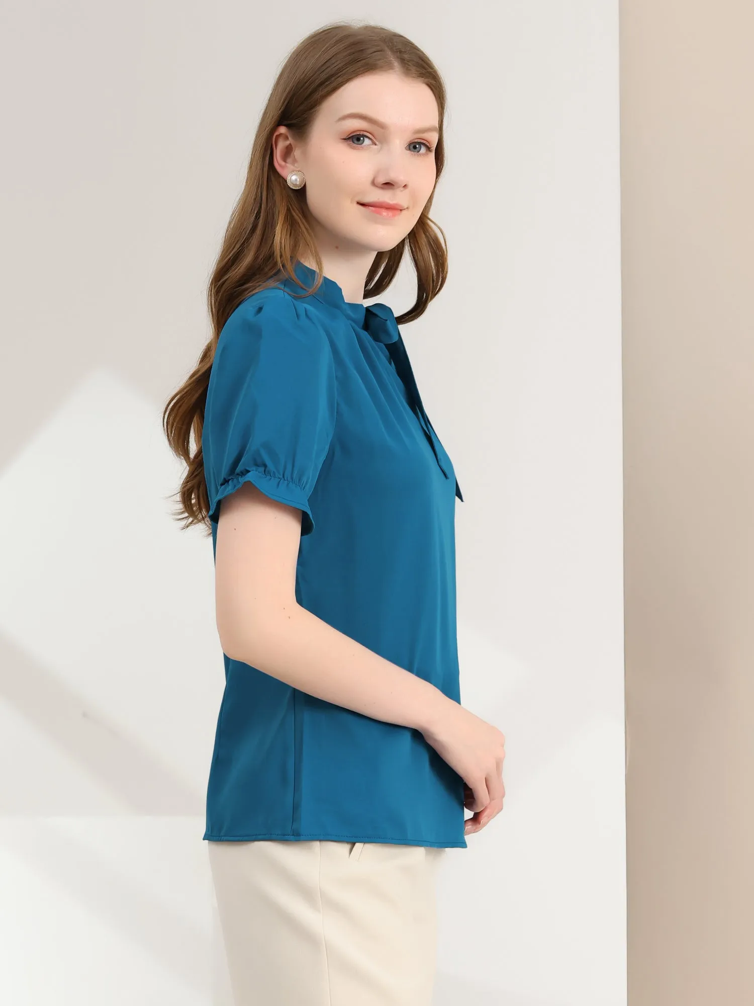 Bow Tie Neck Tops Elegant Office Short Sleeve Blouse