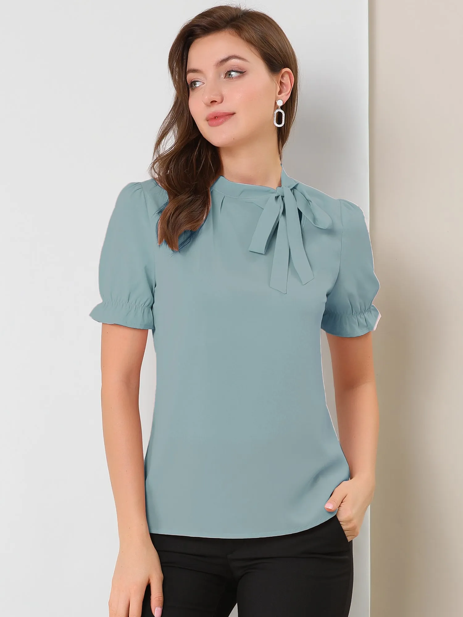 Bow Tie Neck Tops Elegant Office Short Sleeve Blouse