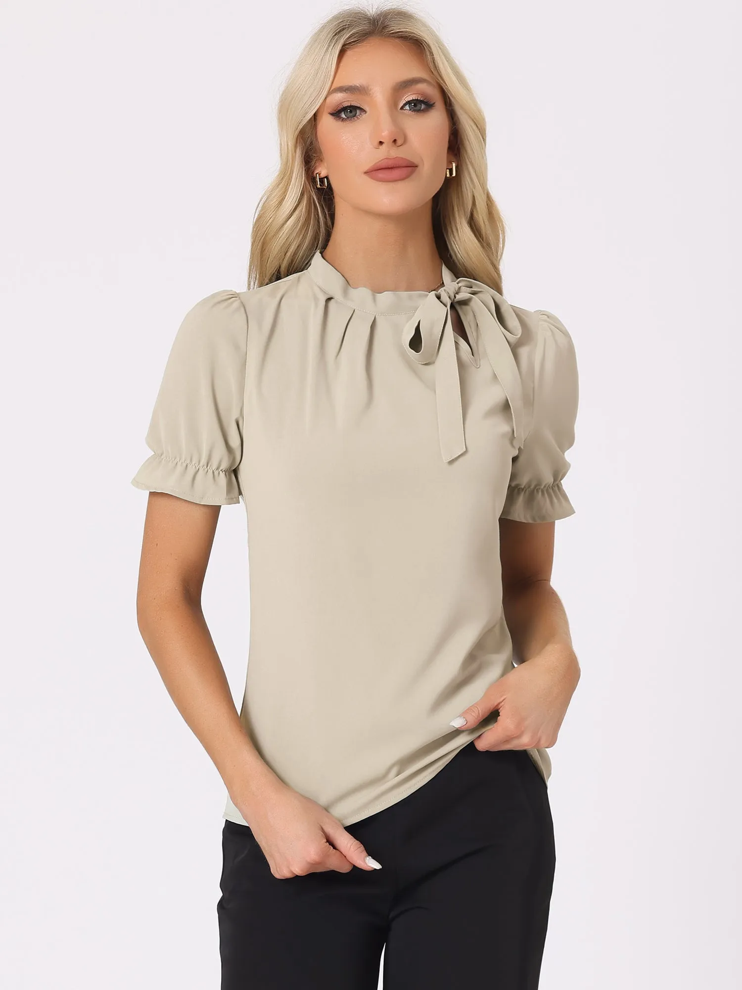 Bow Tie Neck Tops Elegant Office Short Sleeve Blouse