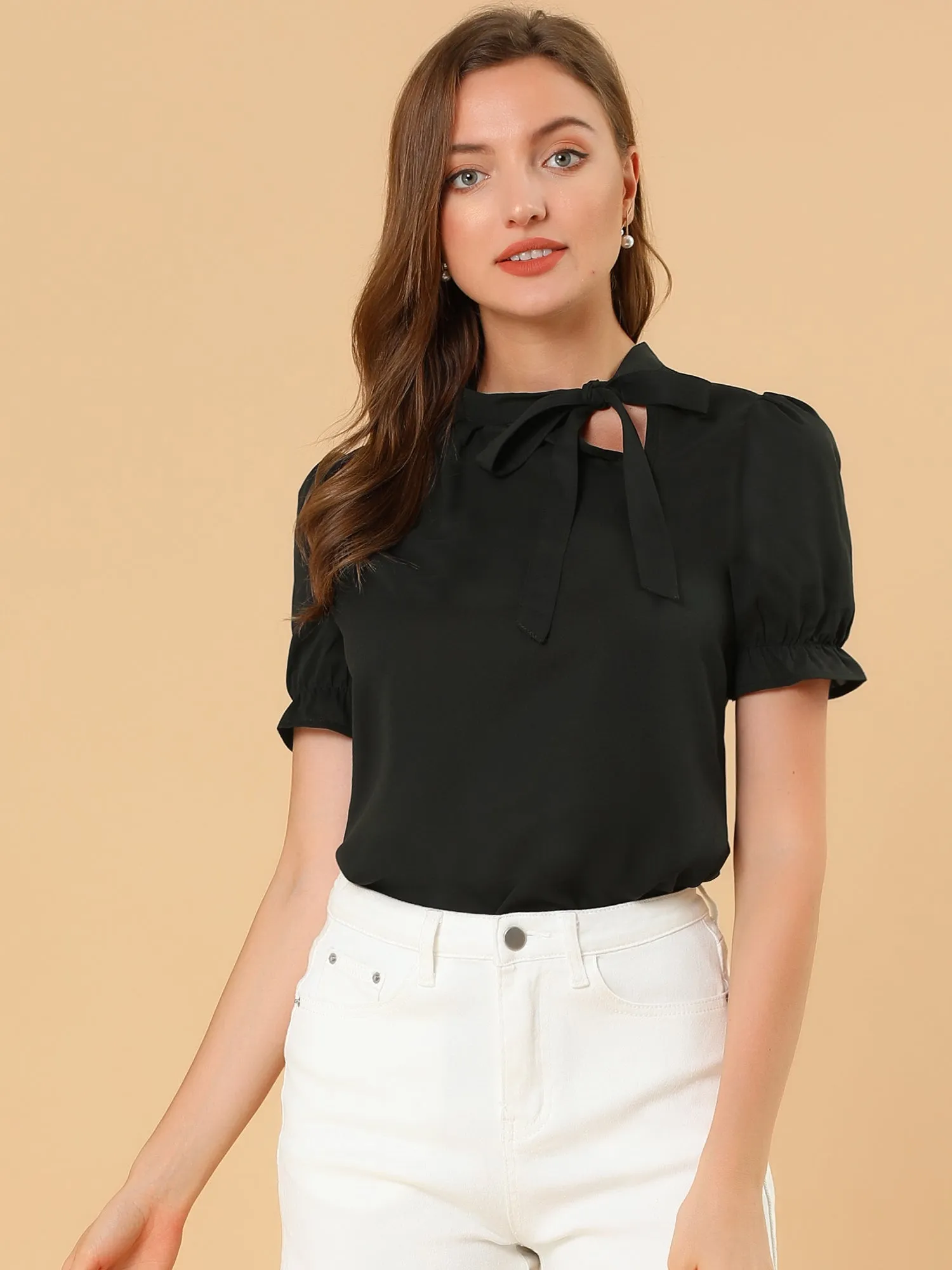 Bow Tie Neck Tops Elegant Office Short Sleeve Blouse