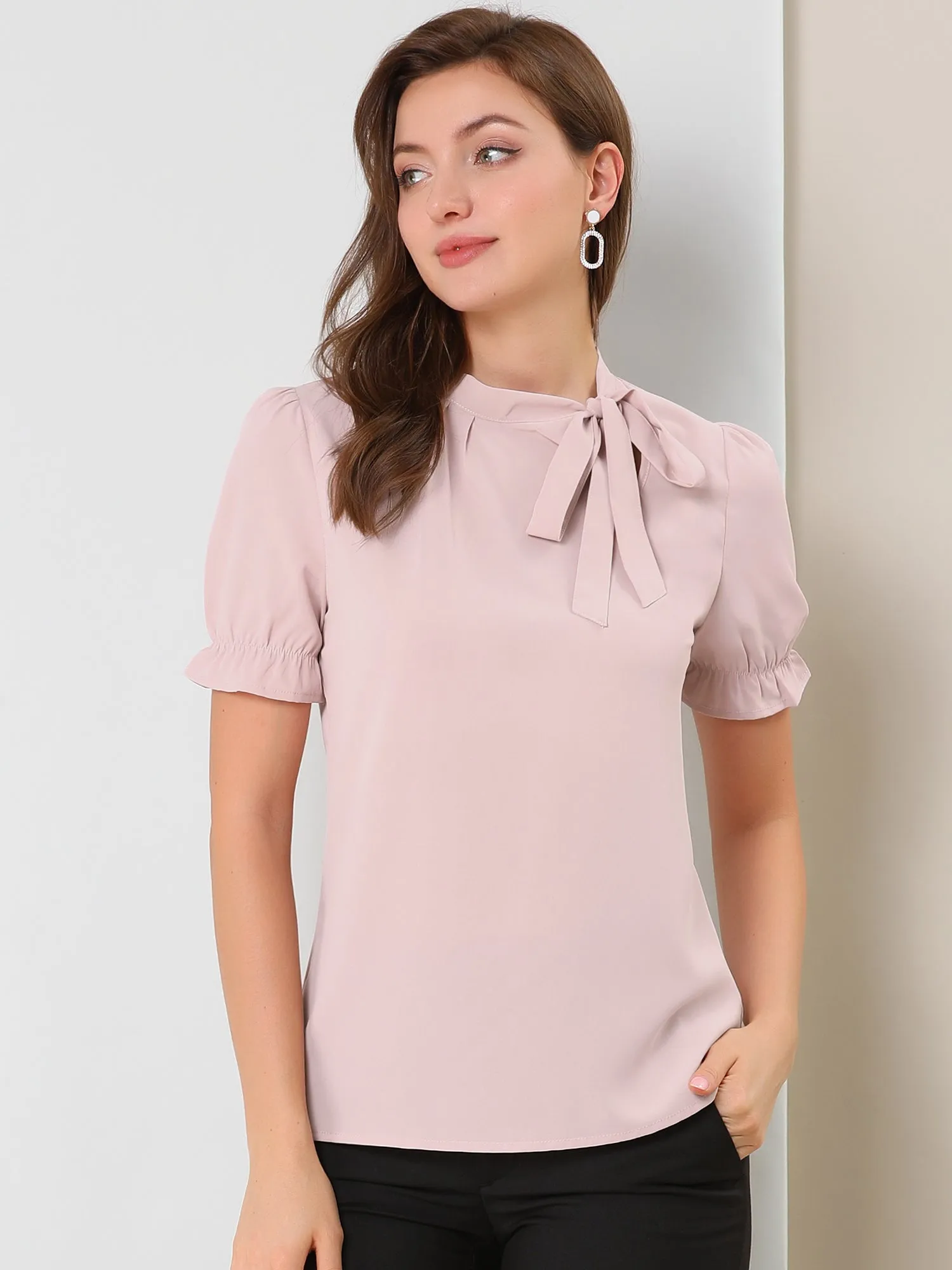 Bow Tie Neck Tops Elegant Office Short Sleeve Blouse