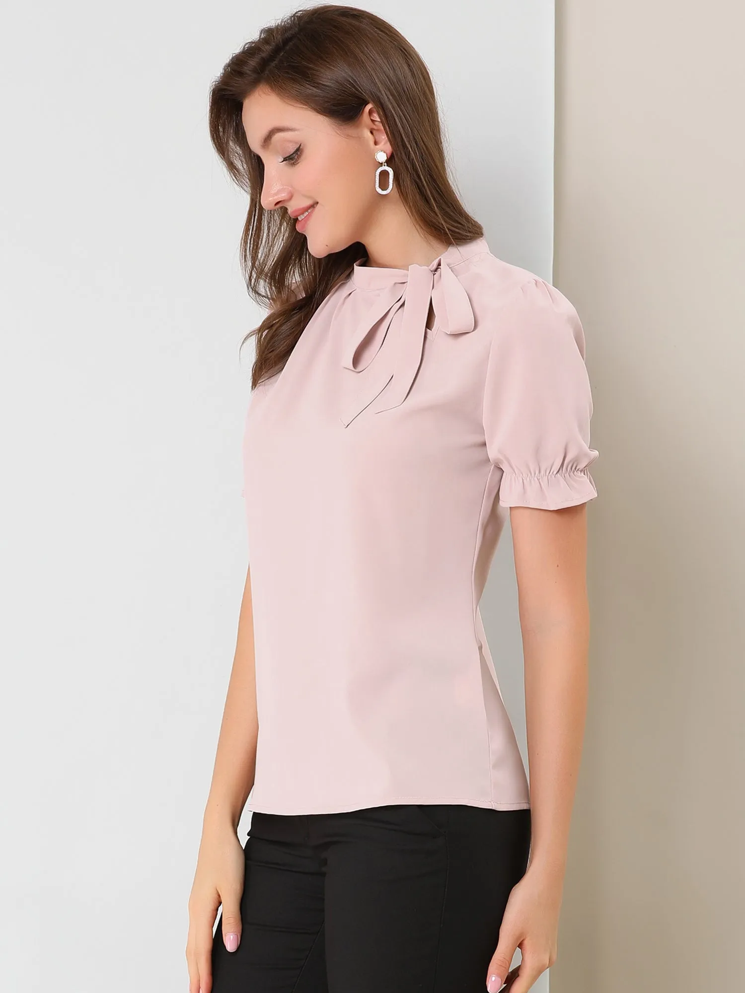 Bow Tie Neck Tops Elegant Office Short Sleeve Blouse