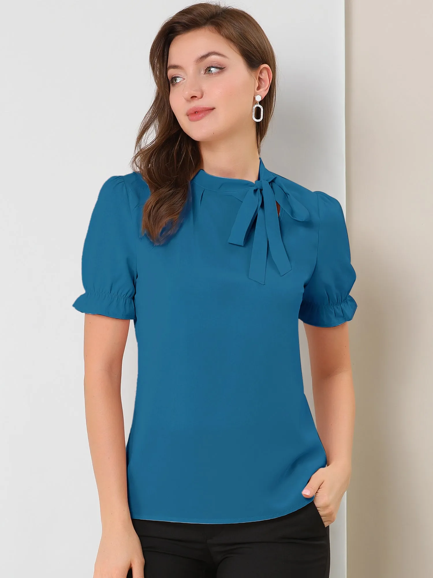 Bow Tie Neck Tops Elegant Office Short Sleeve Blouse