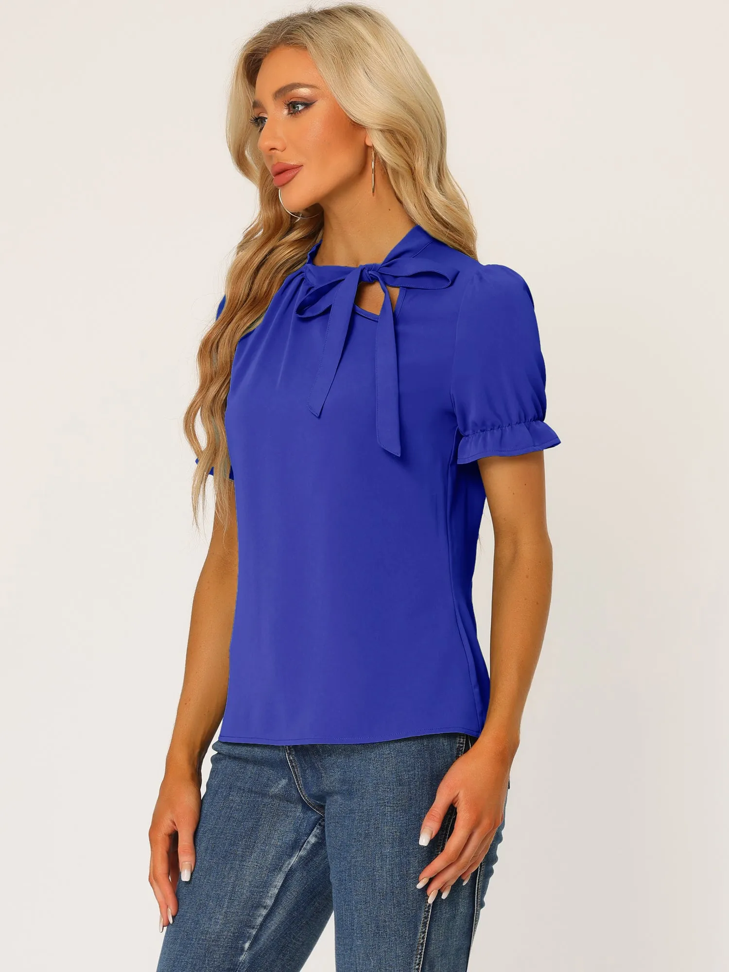 Bow Tie Neck Tops Elegant Office Short Sleeve Blouse