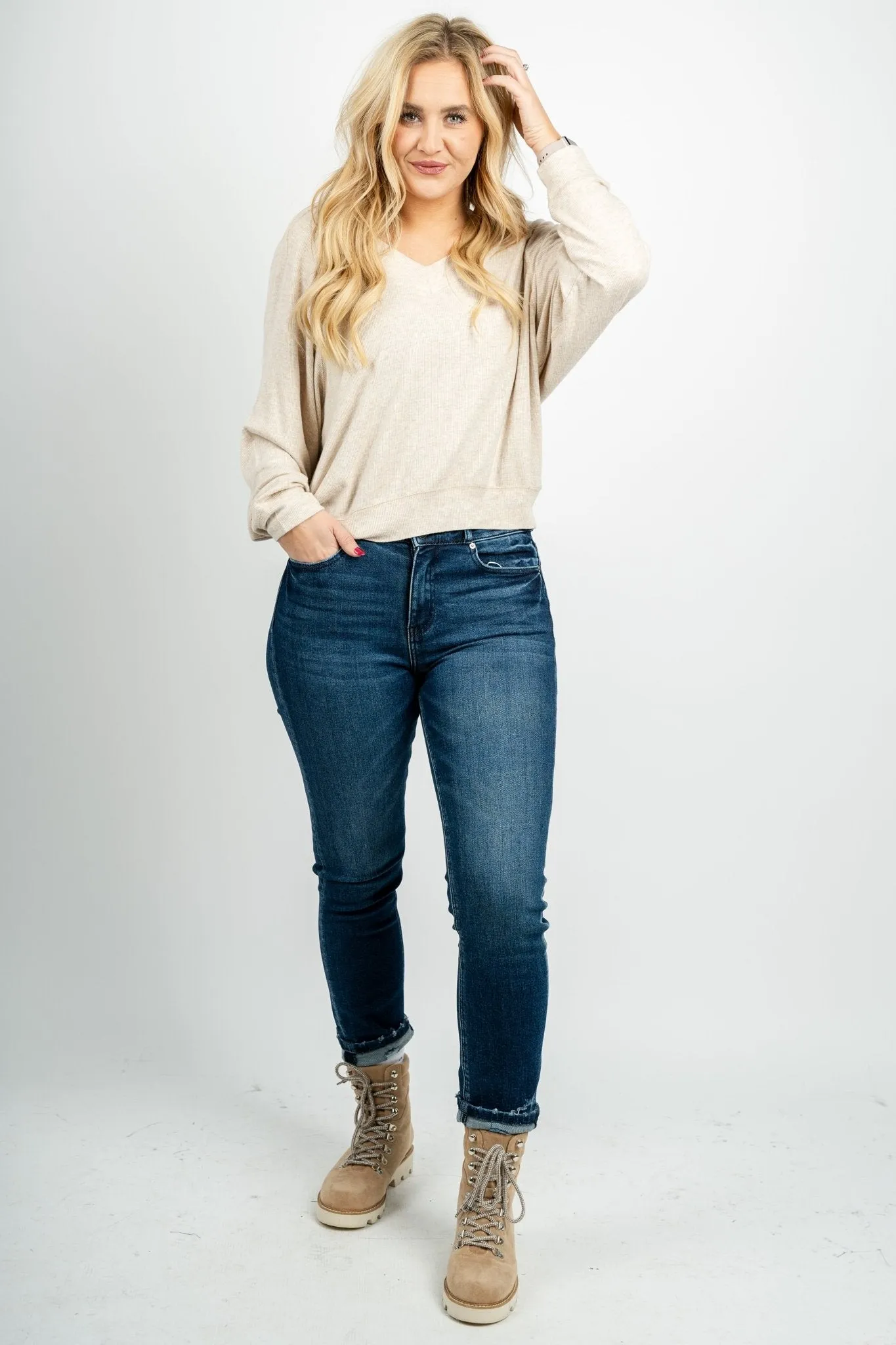 Carly Rib V-Neck in Light Oatmeal