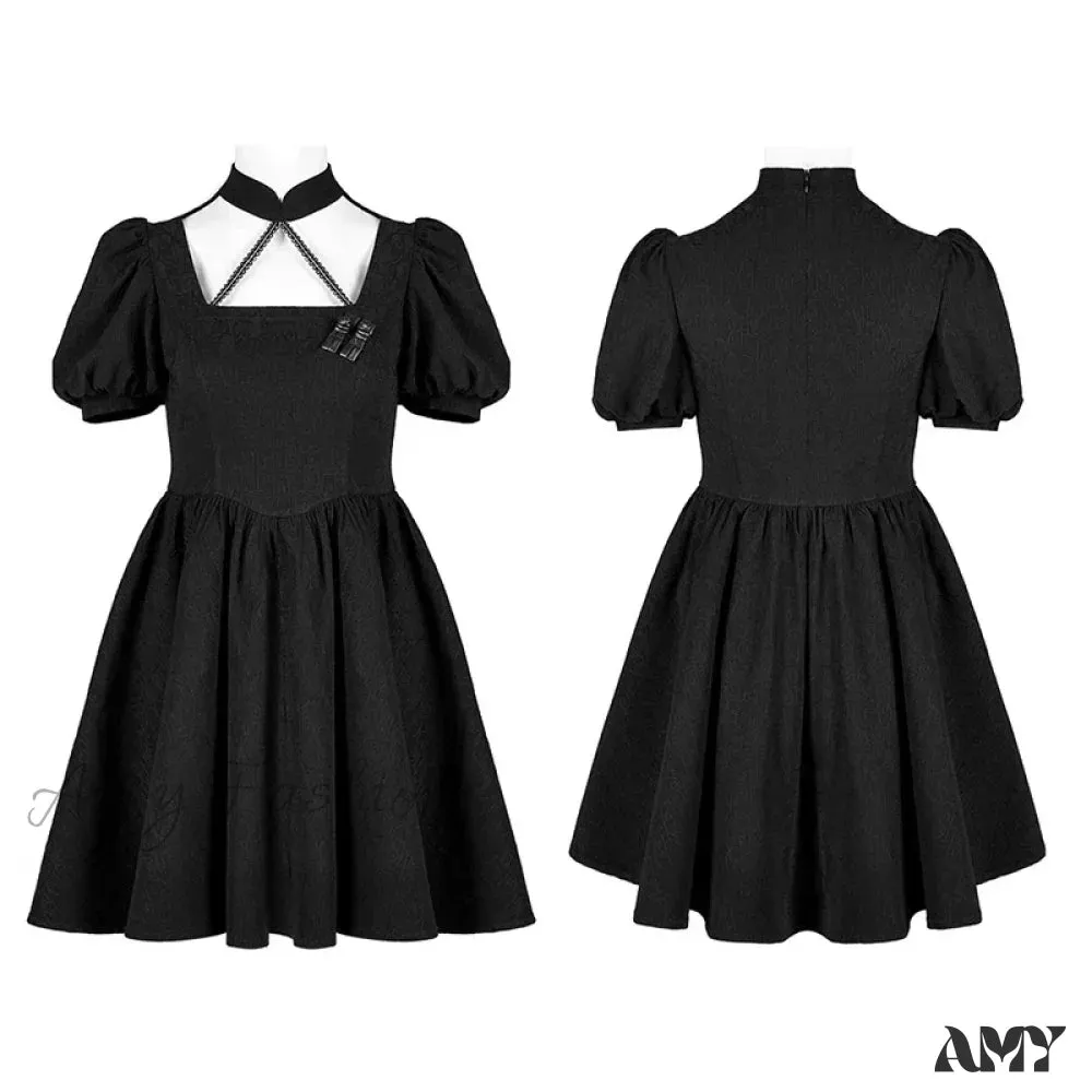 Chinese Style Puff Sleeve Dark Pattern Jacquard Playful Age-reducing Club Youth Black Gothic Dress