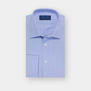 Classic Fit Blue Hairline Stripe Cotton Poplin Shirt with Classic Collar & Double Cuff