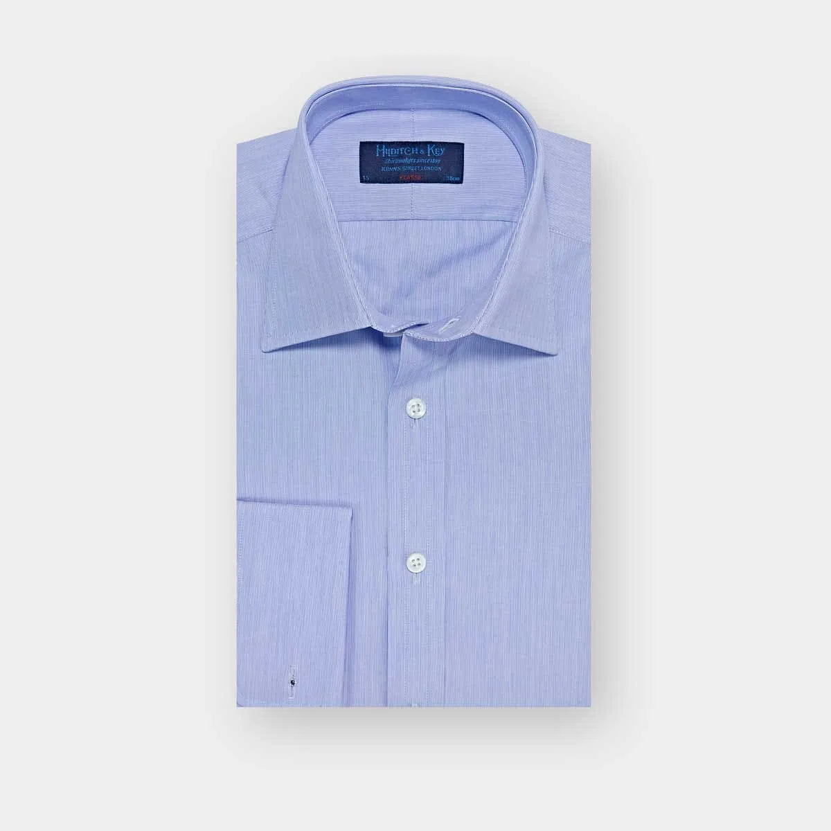 Classic Fit Blue Hairline Stripe Cotton Poplin Shirt with Classic Collar & Double Cuff