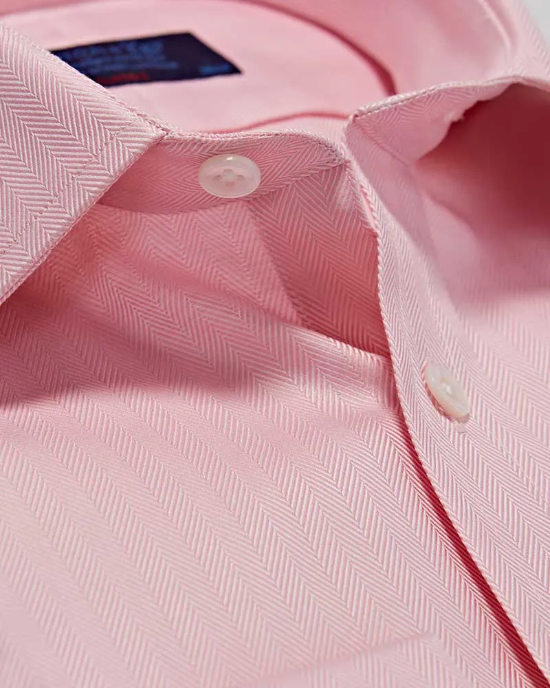 Classic Fit Plain Pink Herringbone Cotton Shirt with Classic Collar & Double Cuff