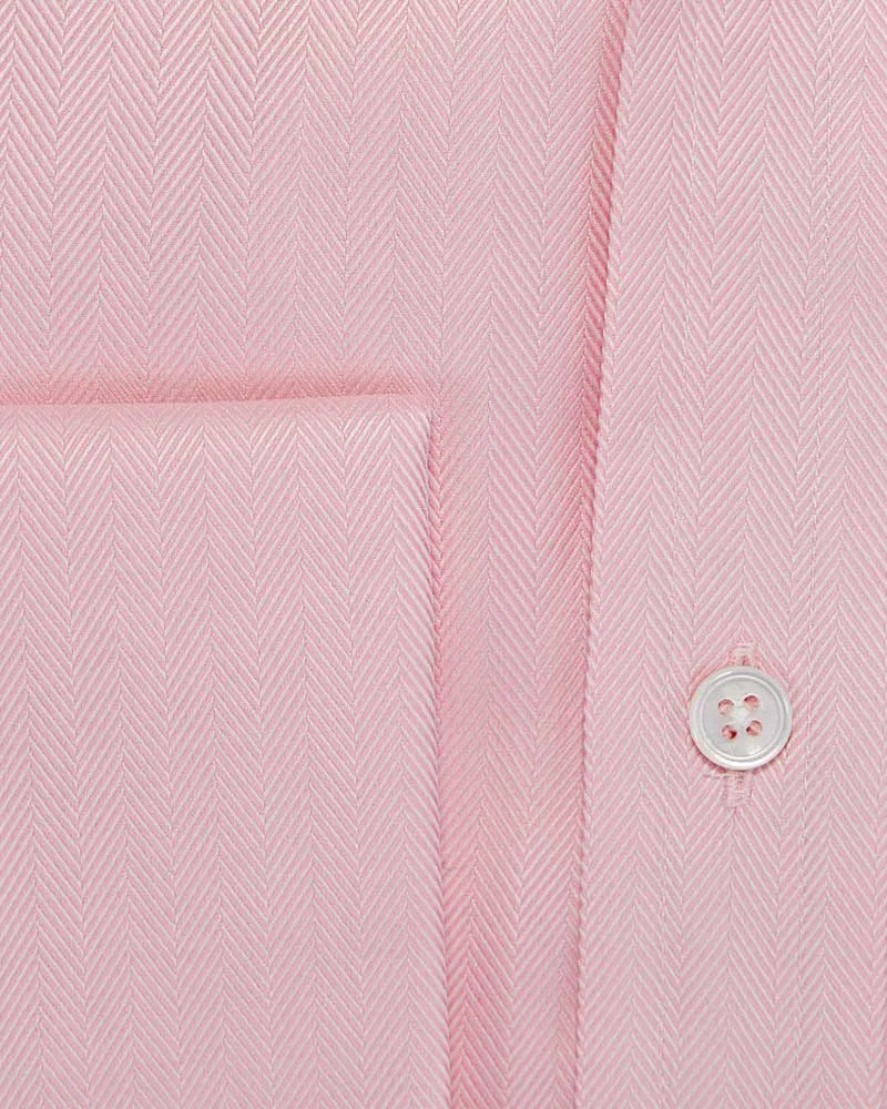 Classic Fit Plain Pink Herringbone Cotton Shirt with Classic Collar & Double Cuff