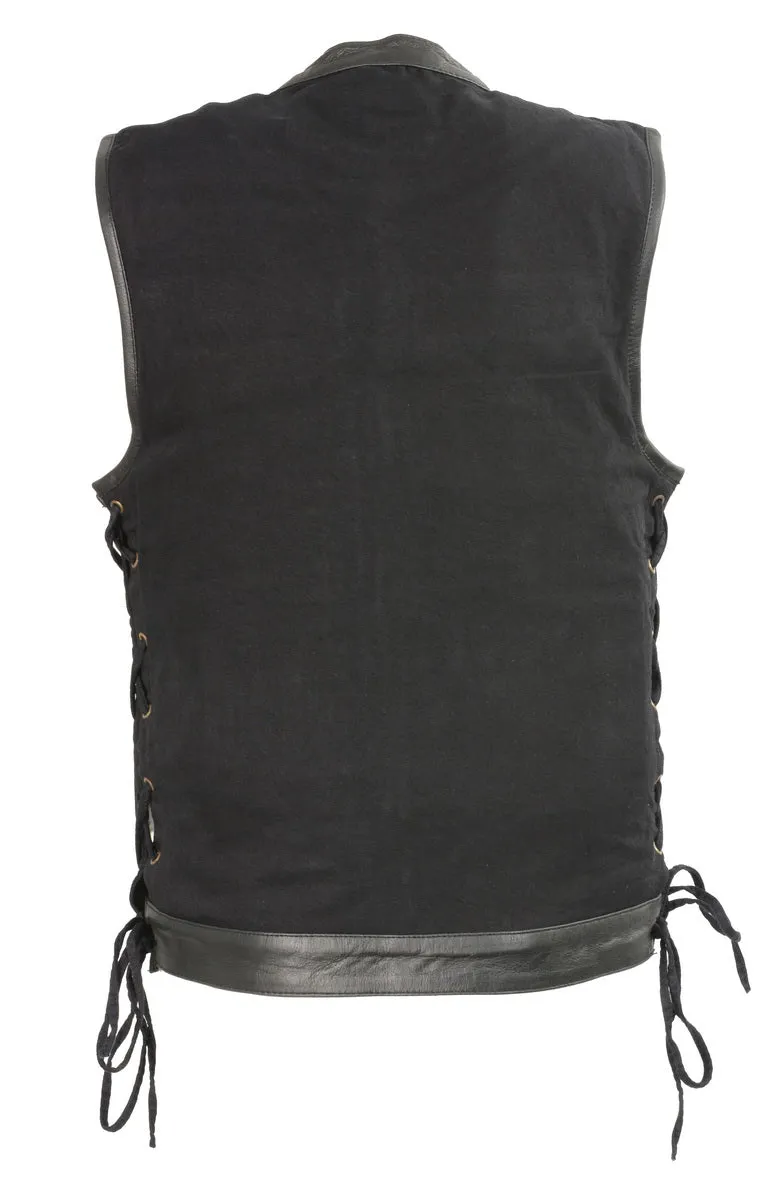 Club Vest CVM3011 Men's Side Lace Black Denim Vest with Leather Trim Accents