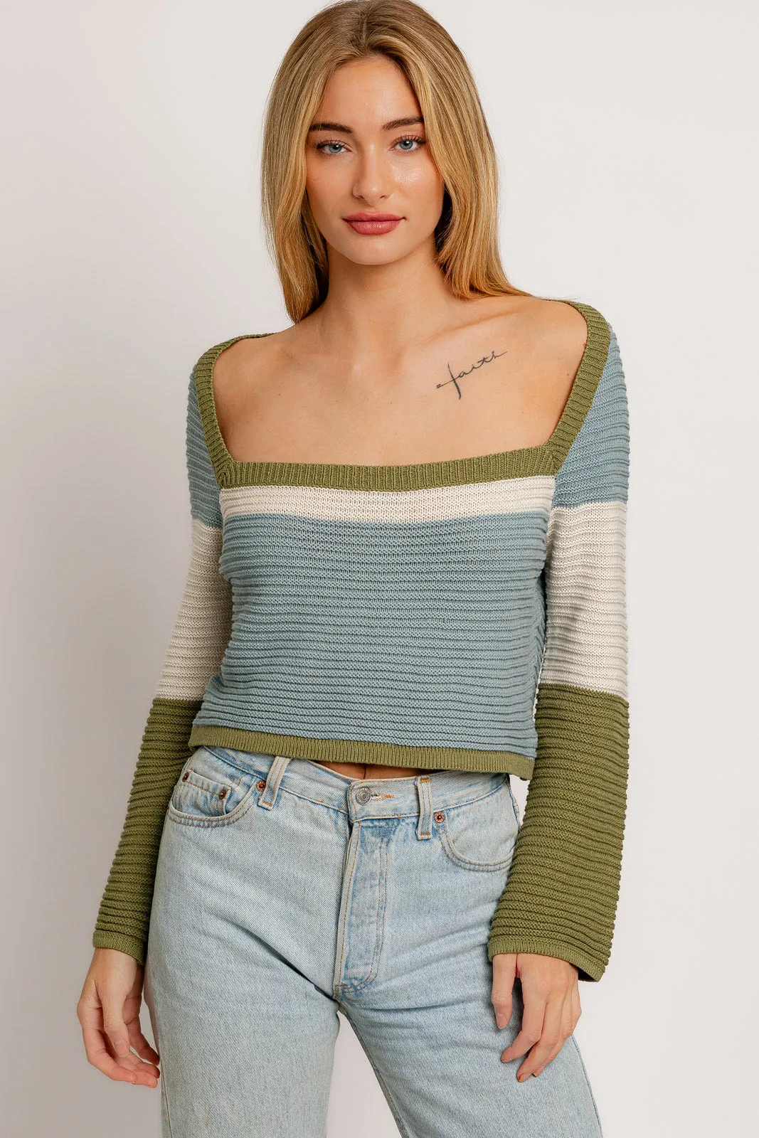 Color block Long Sleeve Deep Square Neckline Sweater