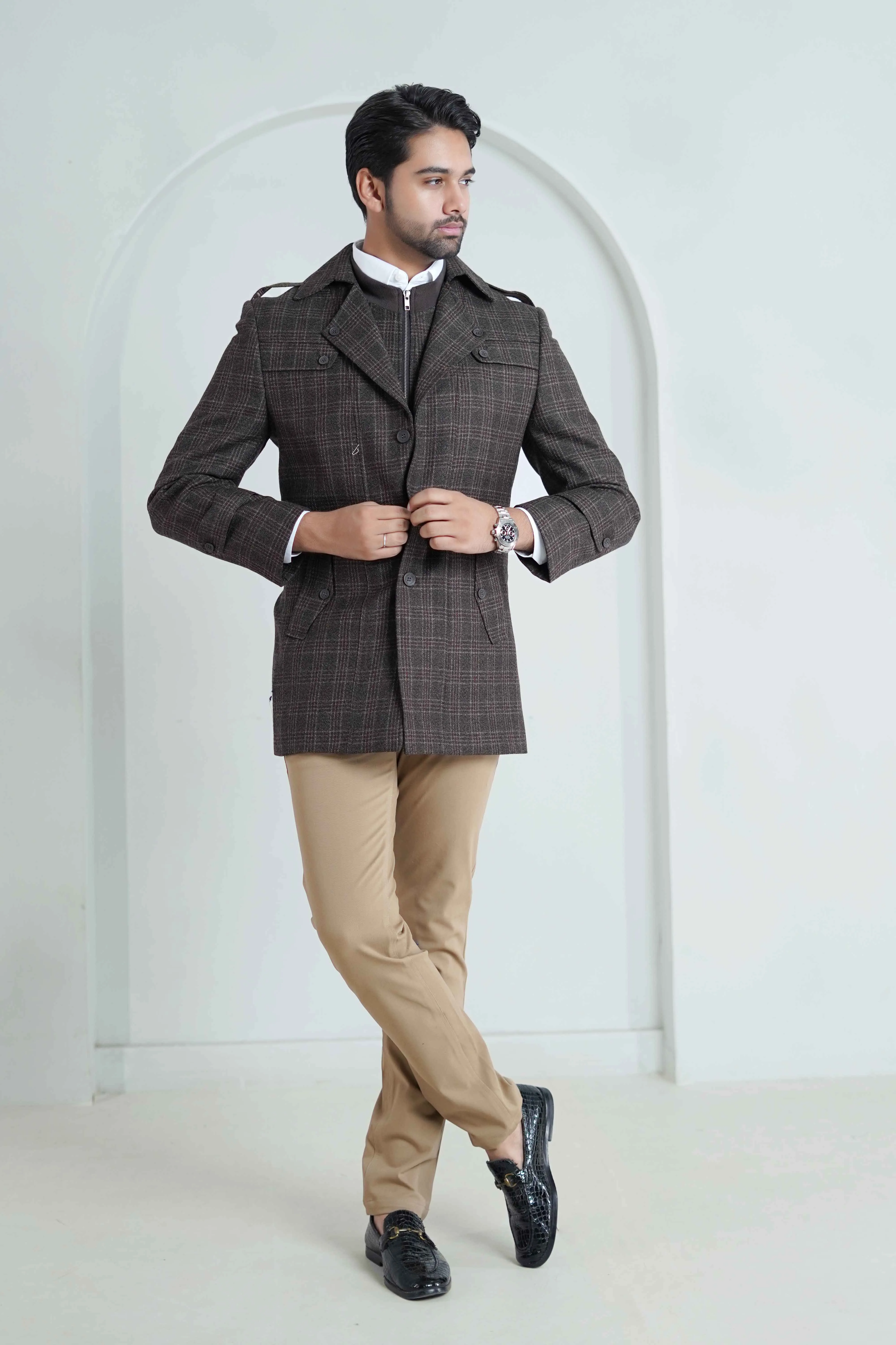 Double Jacket - Worsted Tweed Coffee Brown Windowpane Checks