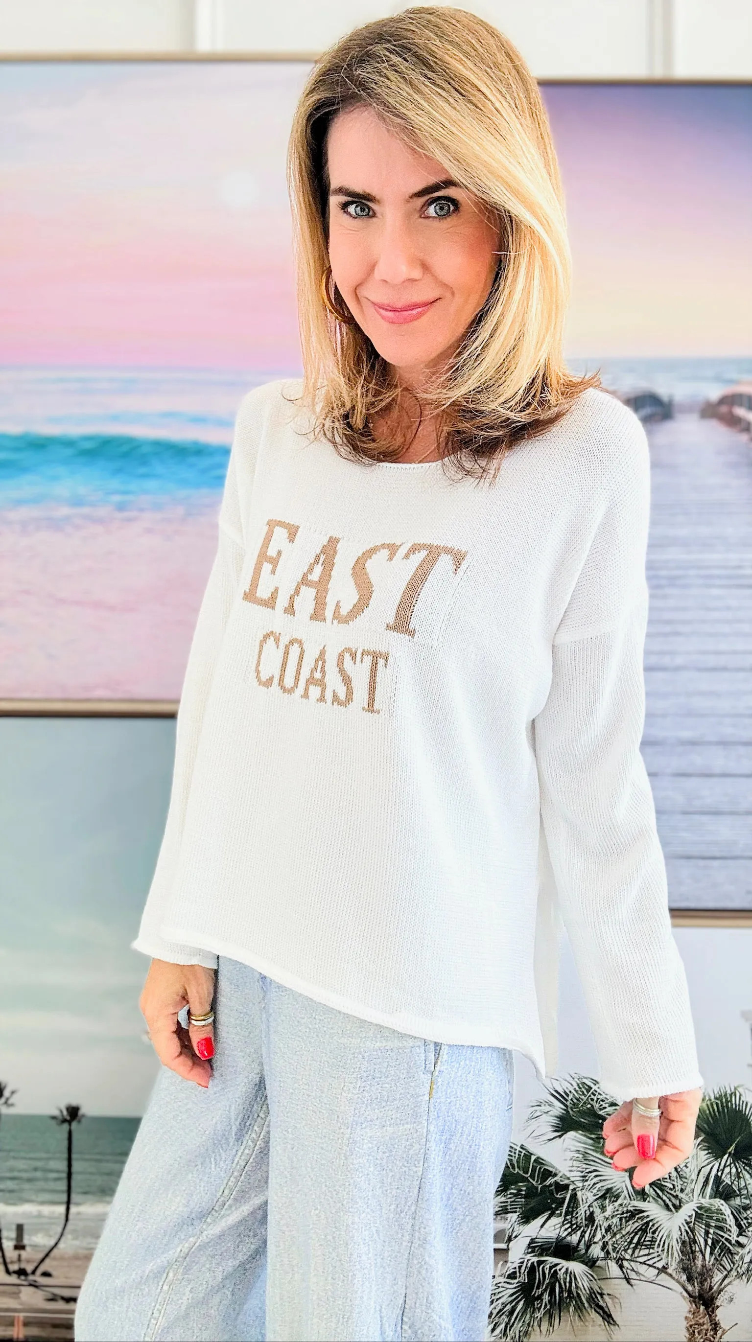 East Coast Knit Oversized Sweater-White, Khaki