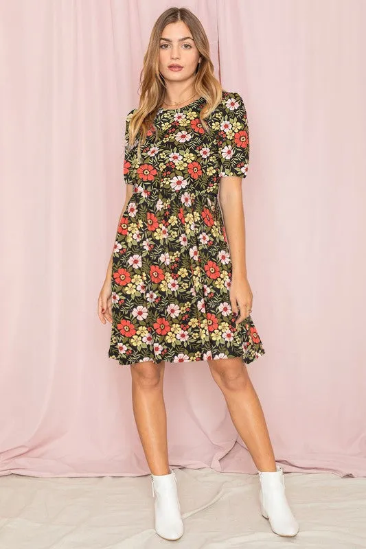 EG FASHION Plus-size Gathered Sleeve Daisy Floral Midi Dress