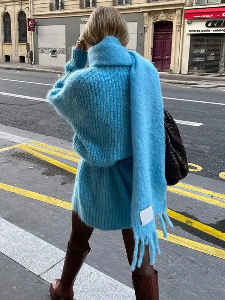 Elegant Solid Knitted Pullover With Scarf Women Fashion O Neck Long Sleeve Loose Sweater