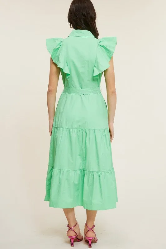 Emerald Ruffle Button-down Poplin Midi Dress