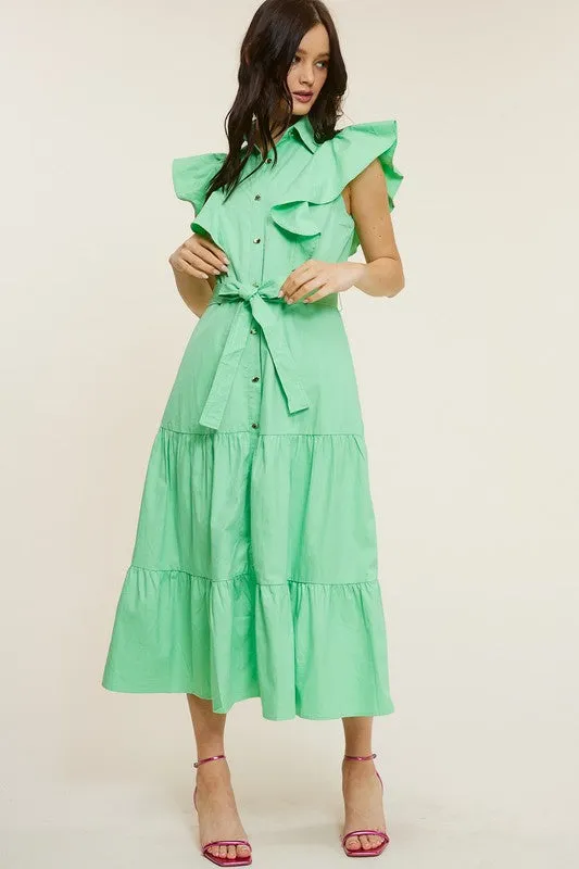 Emerald Ruffle Button-down Poplin Midi Dress