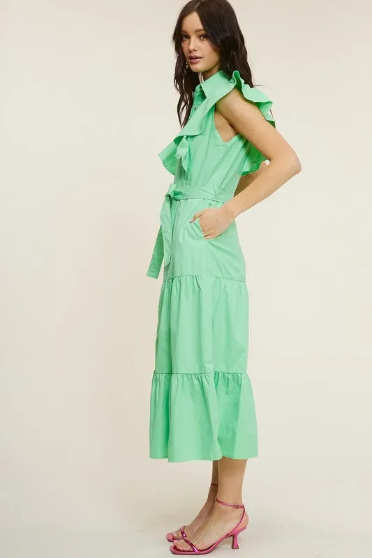 Emerald Ruffle Button-down Poplin Midi Dress