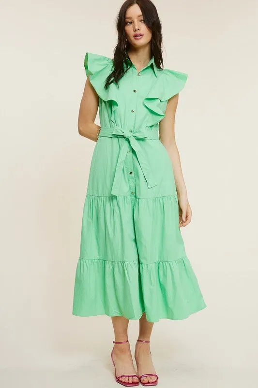 Emerald Ruffle Button-down Poplin Midi Dress