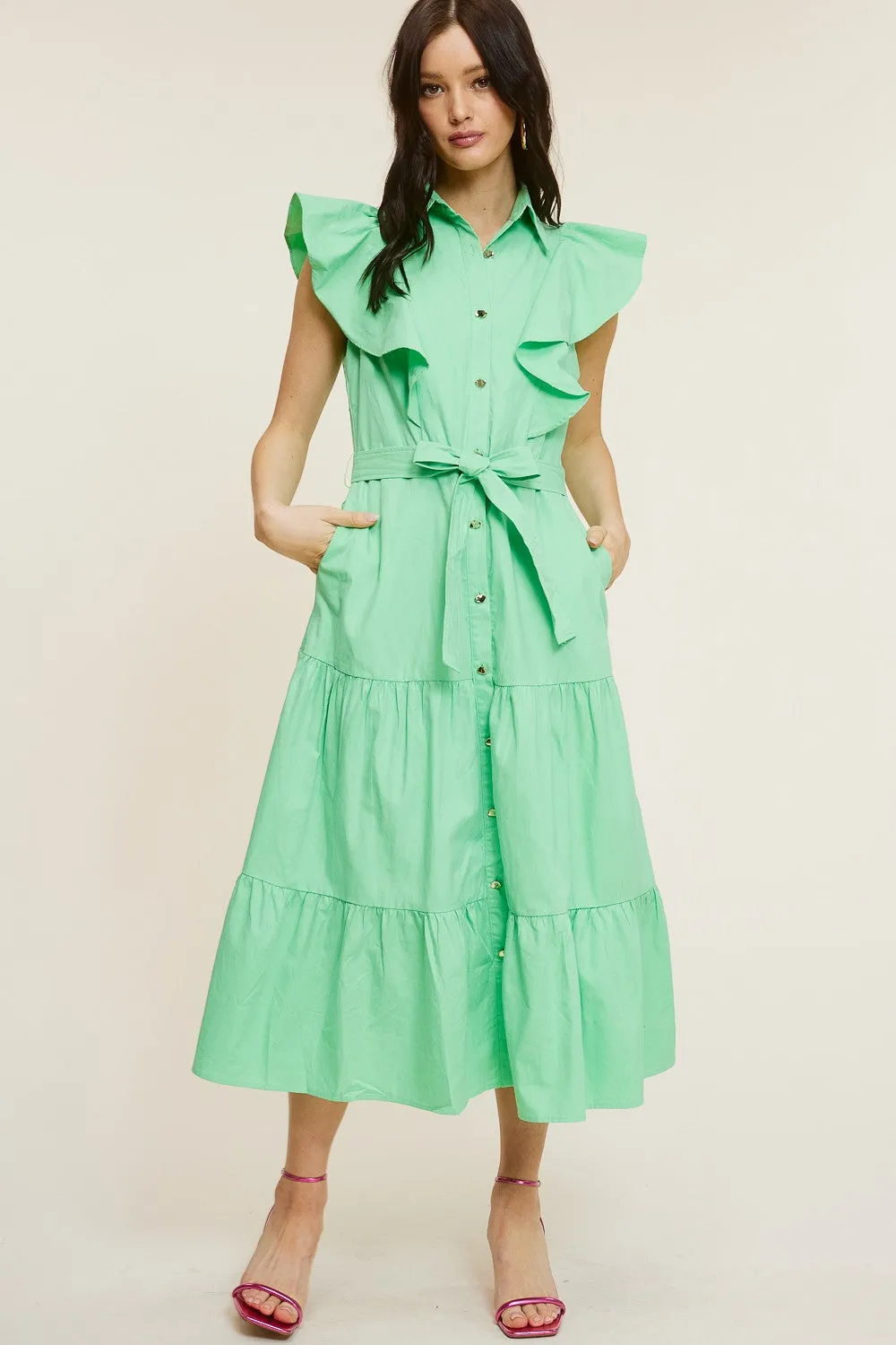 Emerald Ruffle Button-down Poplin Midi Dress