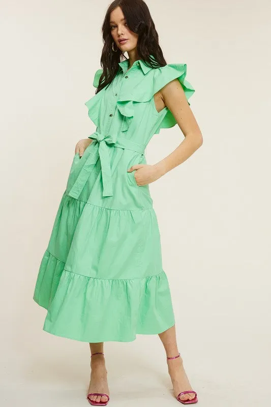 Emerald Ruffle Button-down Poplin Midi Dress