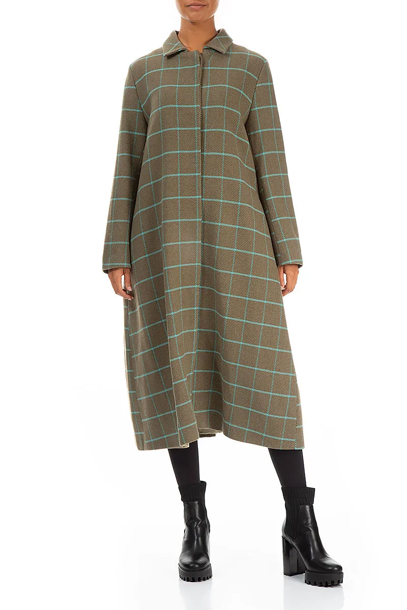 Flared Back Checkered Green Wool Coat