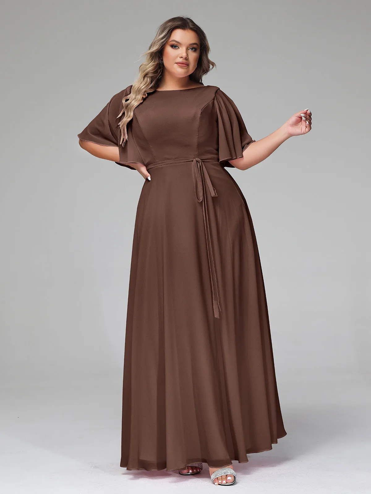 Flutter Sleeves Chiffon Max Dresses with Sash Bow-Chocolate Plus Size