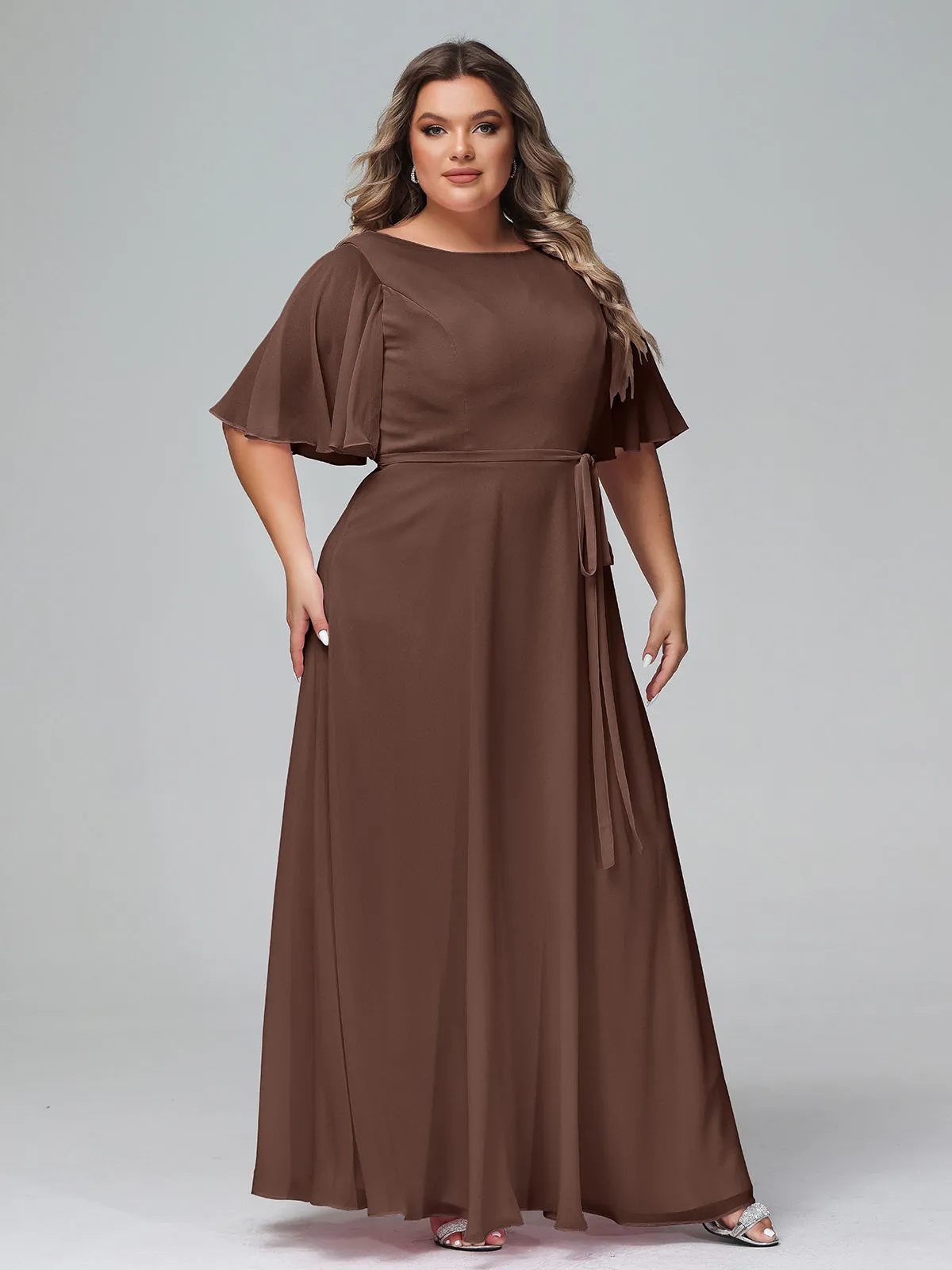 Flutter Sleeves Chiffon Max Dresses with Sash Bow-Chocolate Plus Size