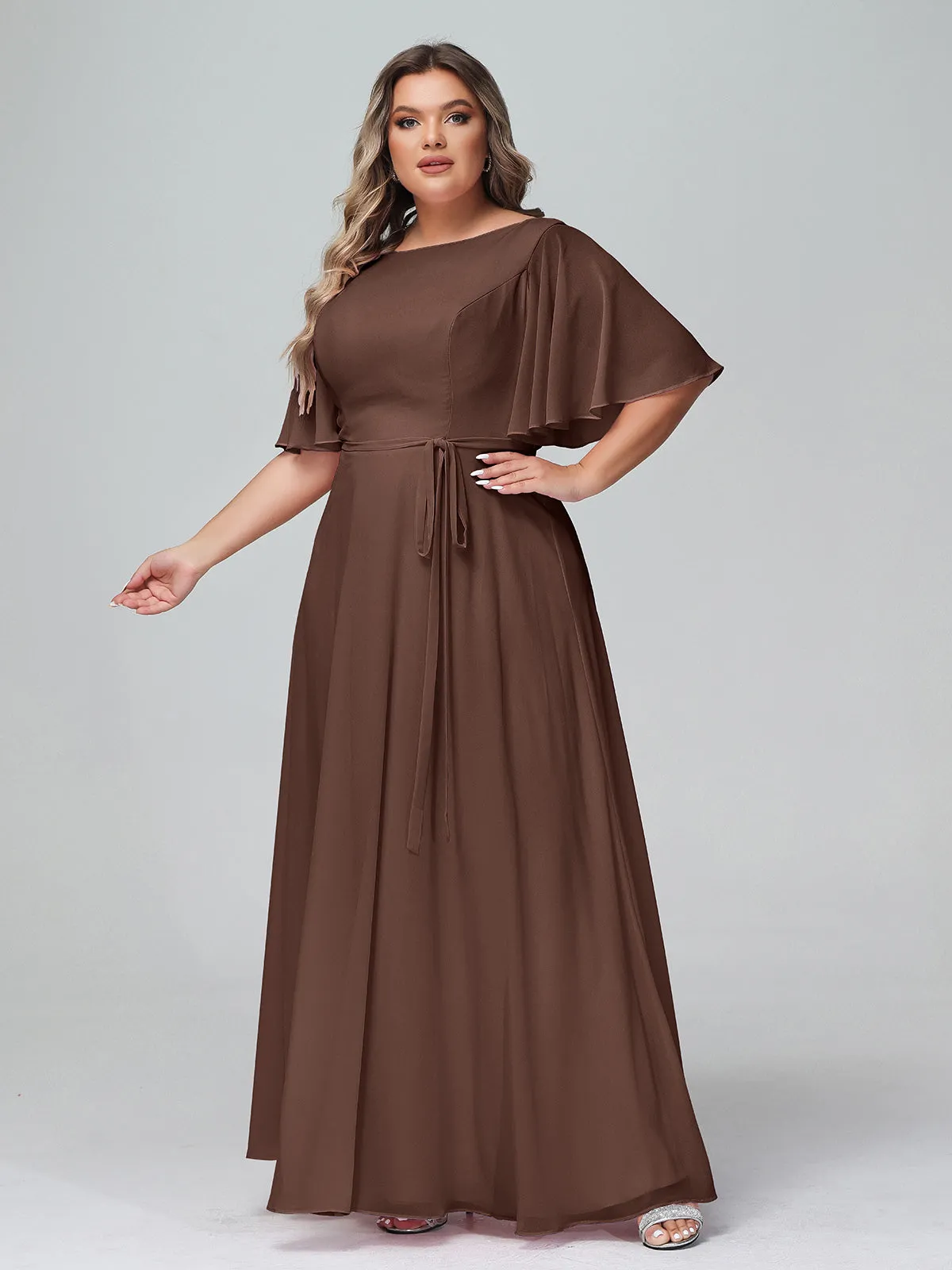 Flutter Sleeves Chiffon Max Dresses with Sash Bow-Chocolate Plus Size