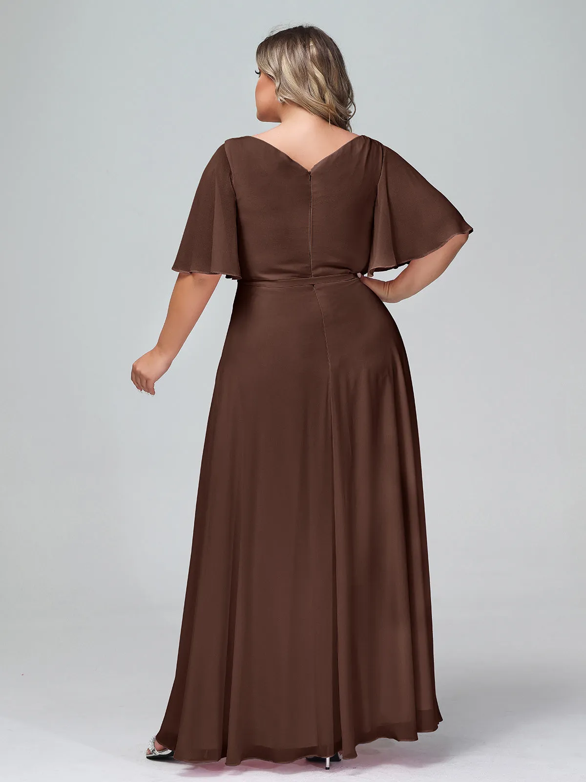 Flutter Sleeves Chiffon Max Dresses with Sash Bow-Chocolate Plus Size